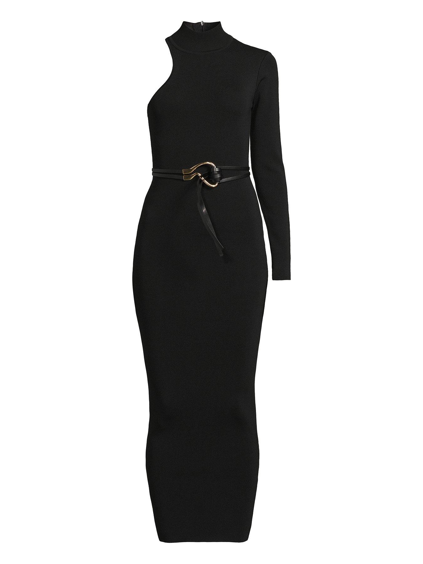 Image 4 of 4 of Michelle Keegan Compact One Sleeve Knitted Belted&nbsp;Dress - Black