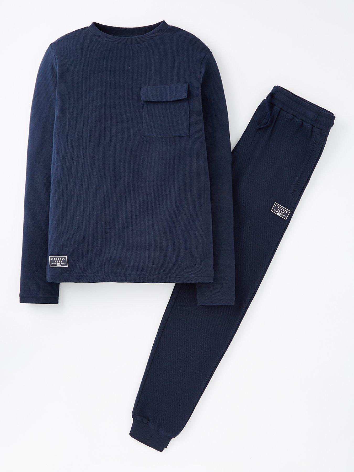 undefined Boys Waffle Pocket Top And Jog Set - Navy