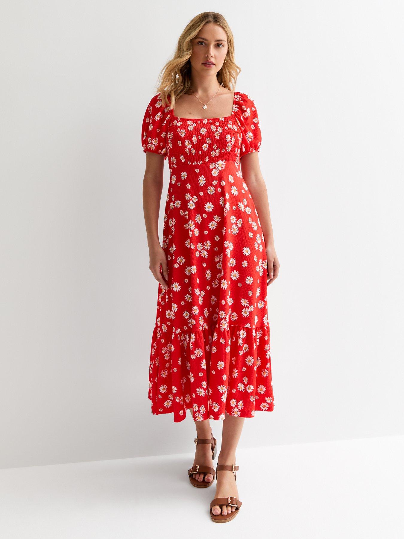 New Look Red Floral print Square neck Smocked Midi Dress Very