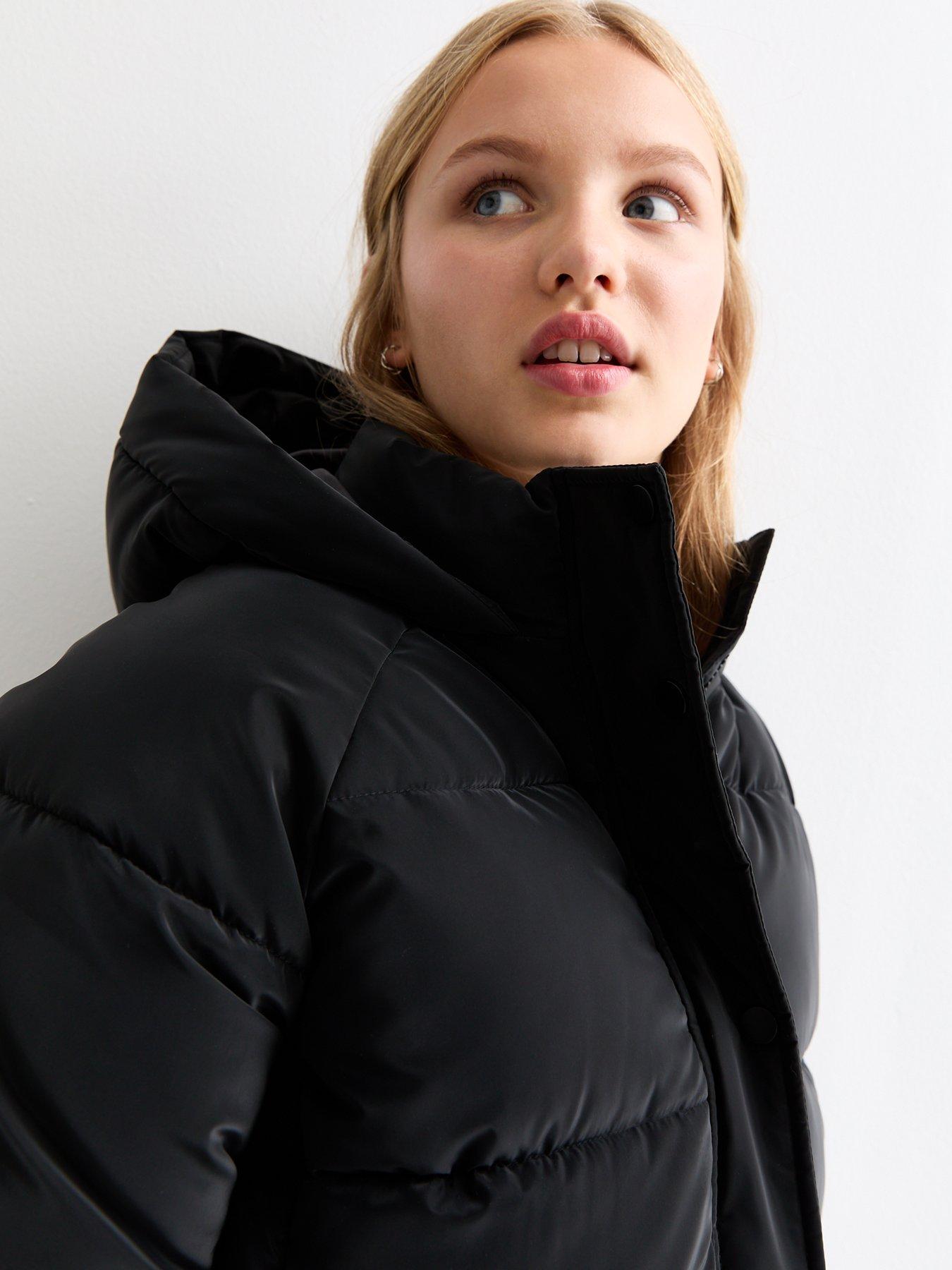 Girls black puffer jacket with hood sale