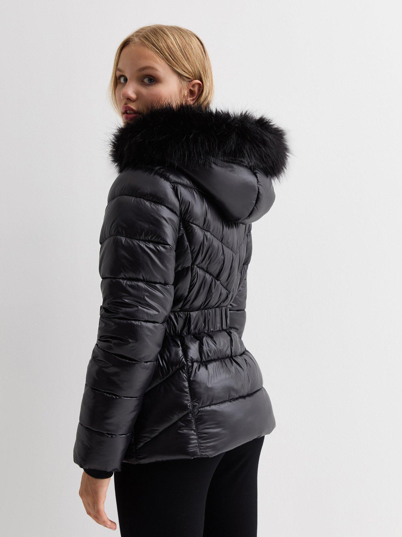 New Look 915 Girls Black Wet Look Belted Padded Coat Very