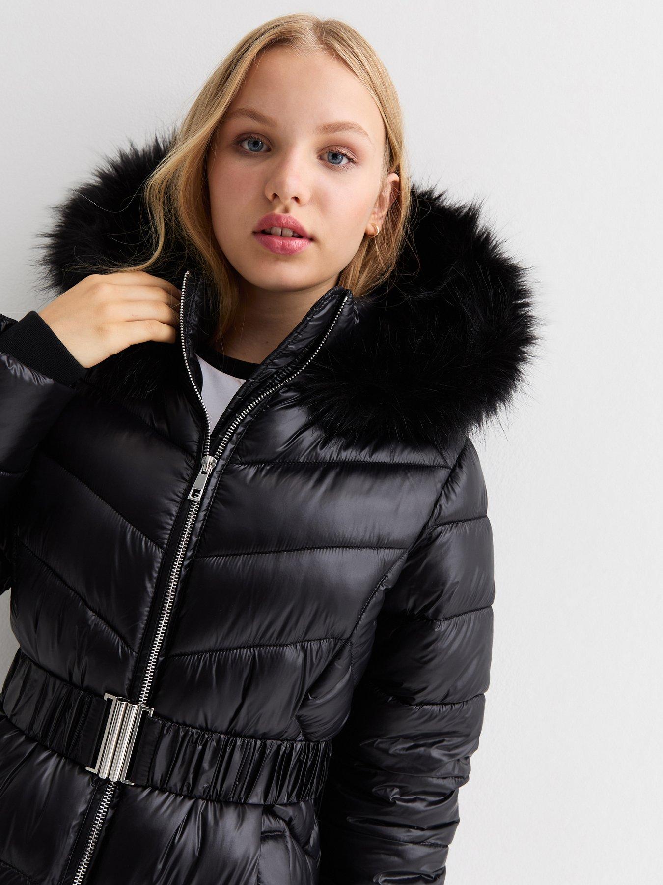 Girls Black Wet Look Belted Padded Coat