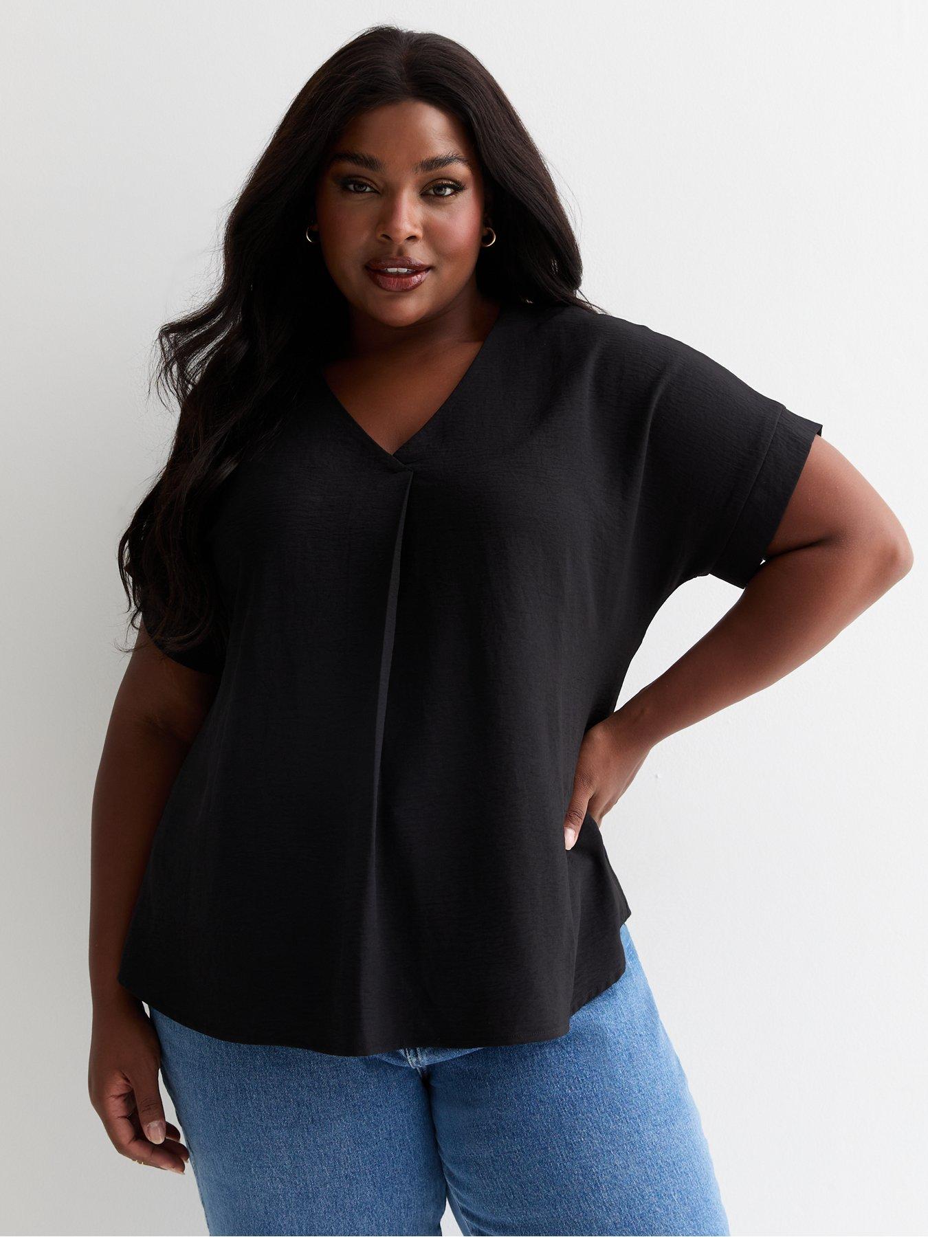 New Look Curves Black Notched Short Sleeve Top Very