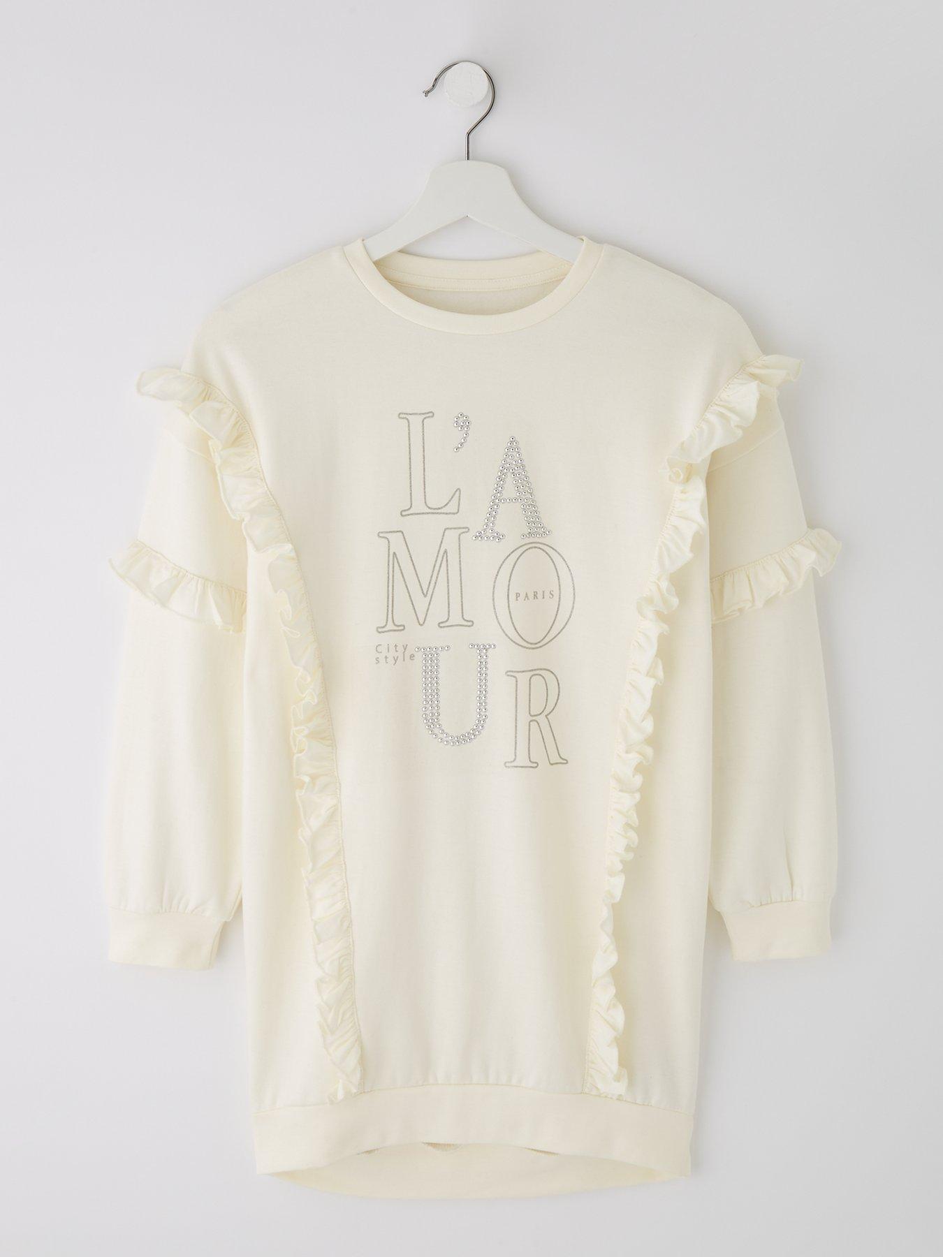 undefined Girls Frill L'Amour Sweat Dress - Cream