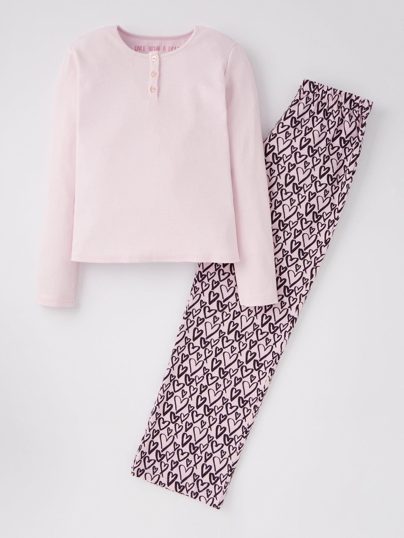 undefined Girls Rib Long Sleeve Top and Brushed Trouser Pyjama Set - Pink