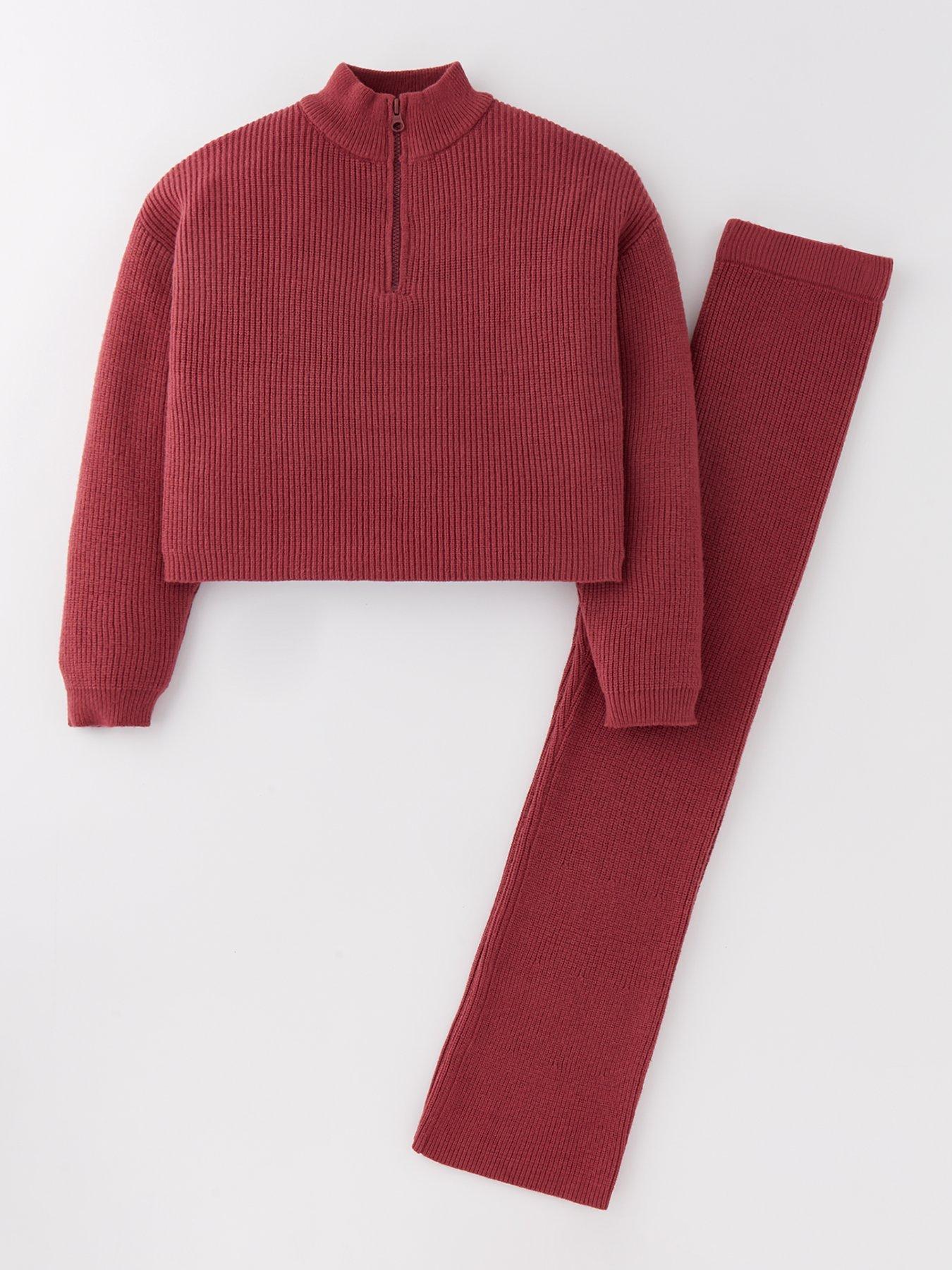 undefined Girls Knitted Rib Cropped Funnel Neck Jumper And Trouser Set - Pink