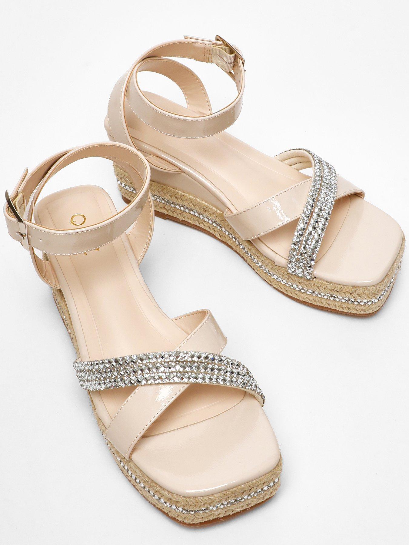 Quiz Nude Faux Leather Diamante Woven Wedges Very