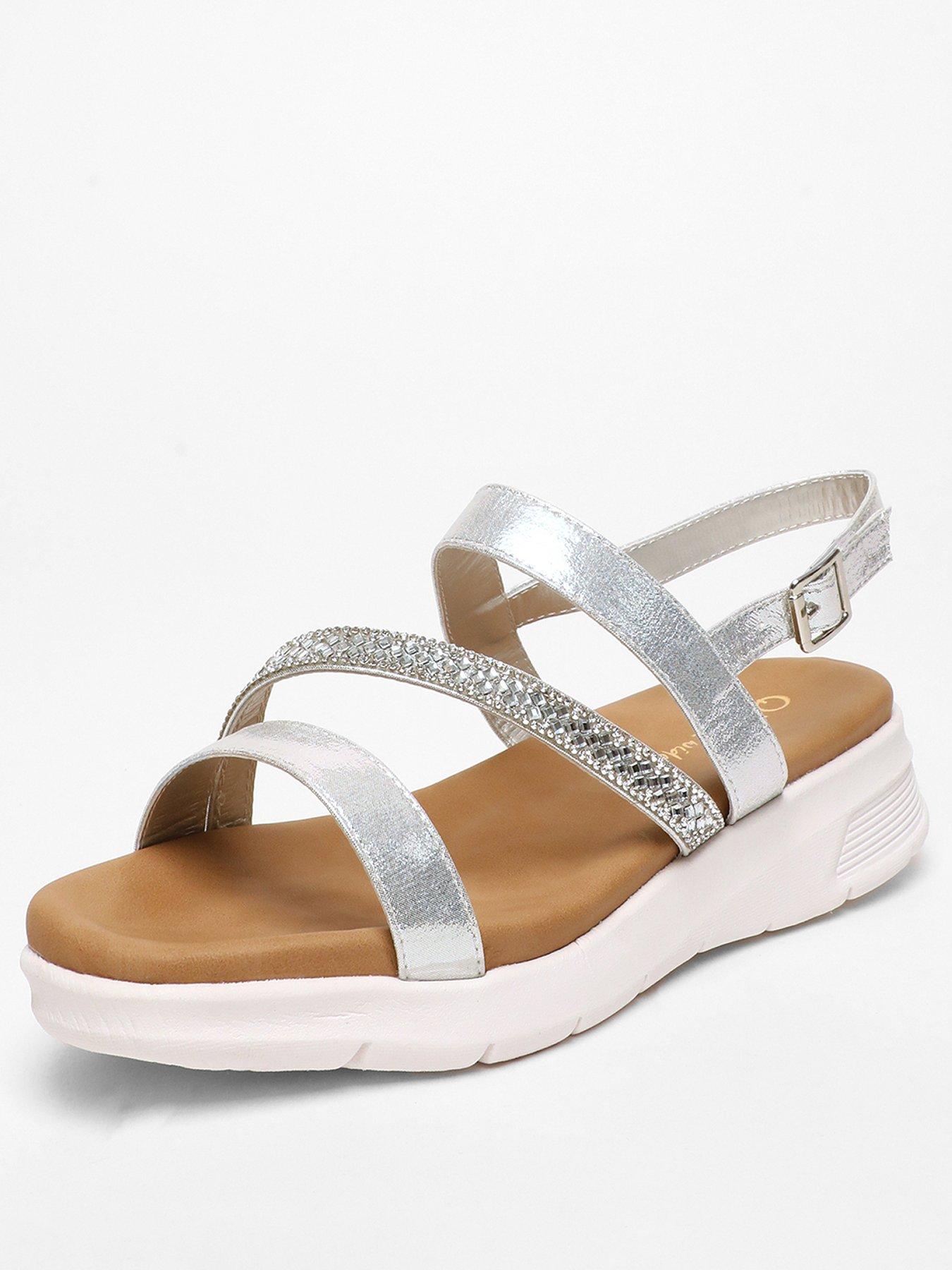 Quiz Wide Fit Silver Asymmetric Diamante Strap Sandals | Very.co.uk