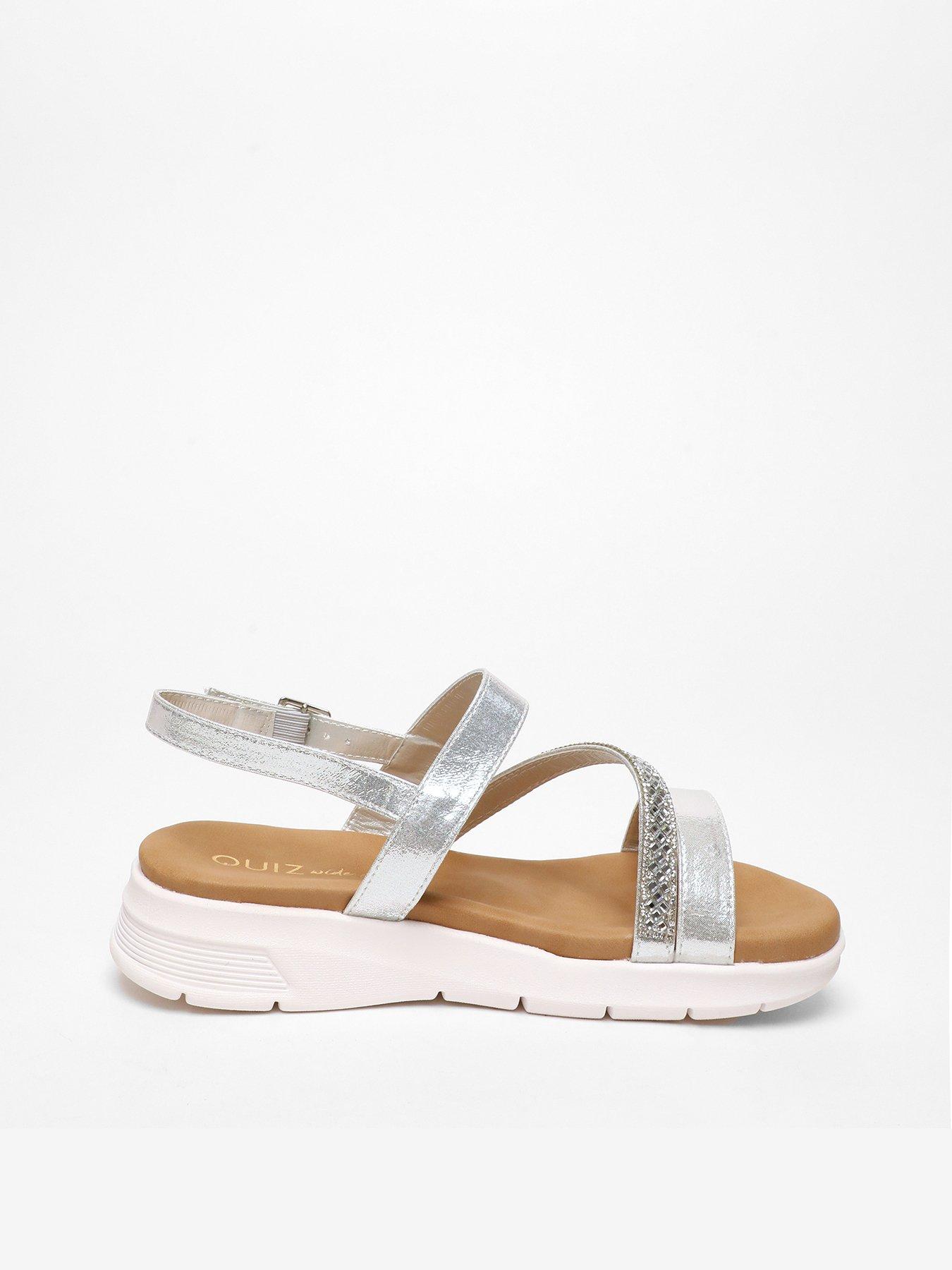 Quiz Wide Fit Silver Asymmetric Diamante Strap Sandals | Very.co.uk