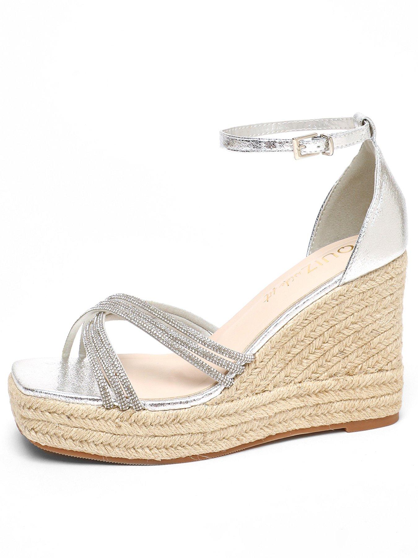 Quiz Wide Fit Gold Diamante Cross Strap High Woven Wedges Very