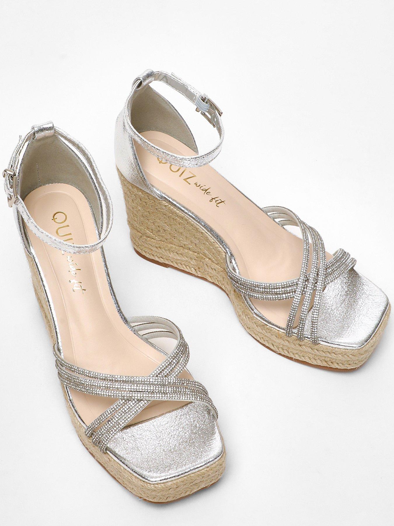Quiz Wide Fit Silver Diamante Cross Strap High Woven Wedges Very