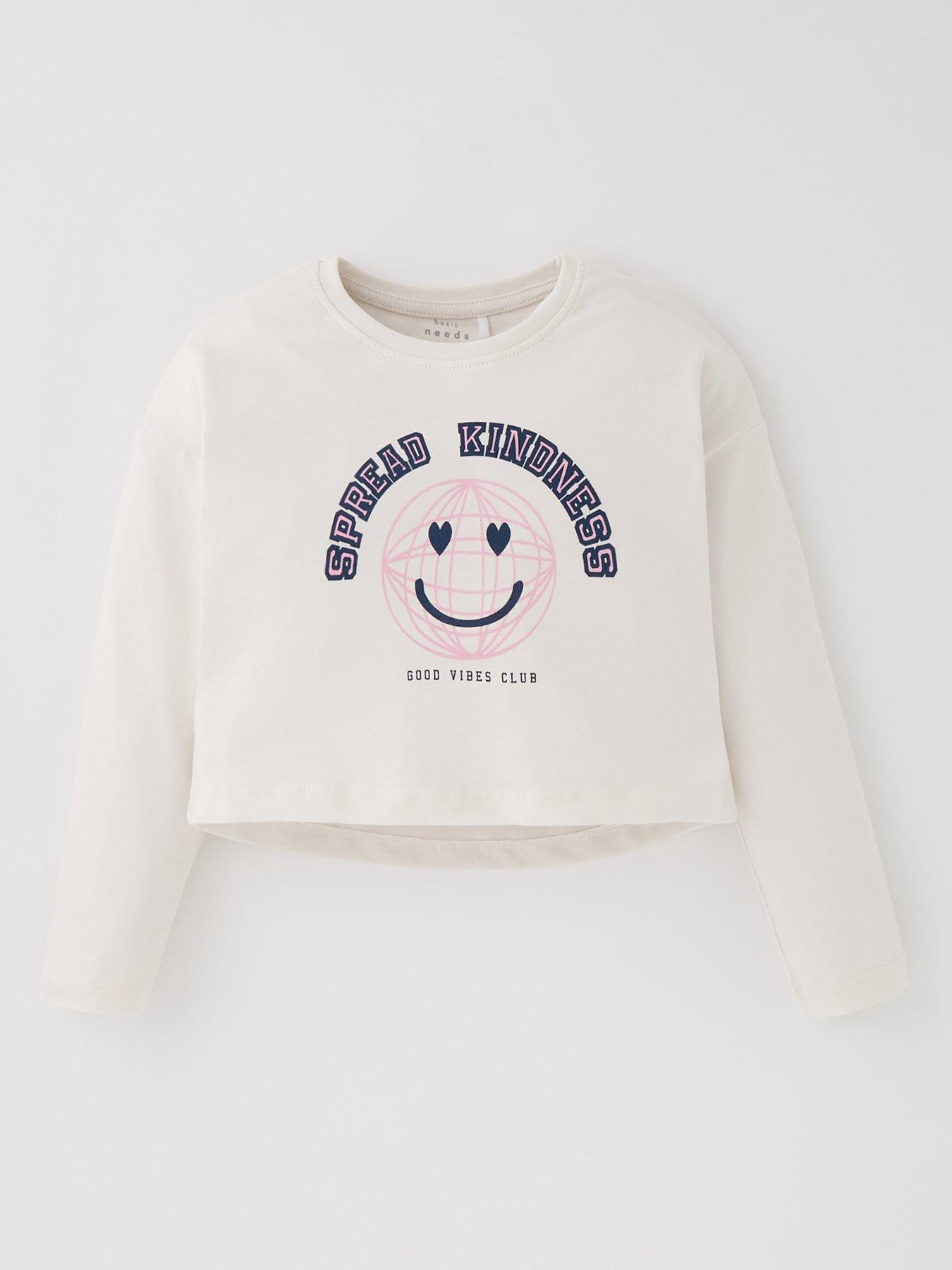 name it girls cropped spread kindness long sleeve tshirt - jet stream cream