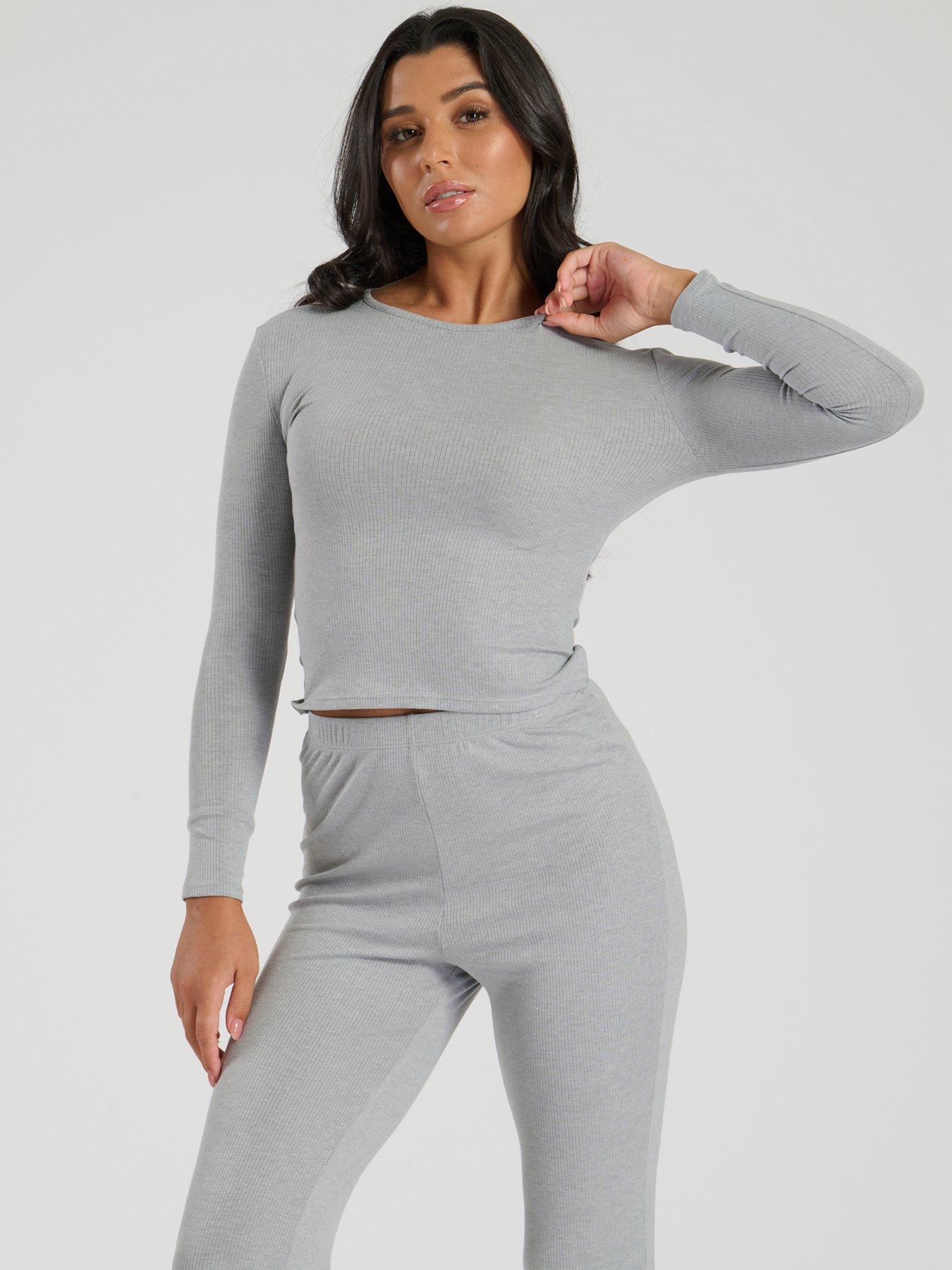 undefined Long Sleeve Top  &  Flared Legging Lounge Set - Grey/silver