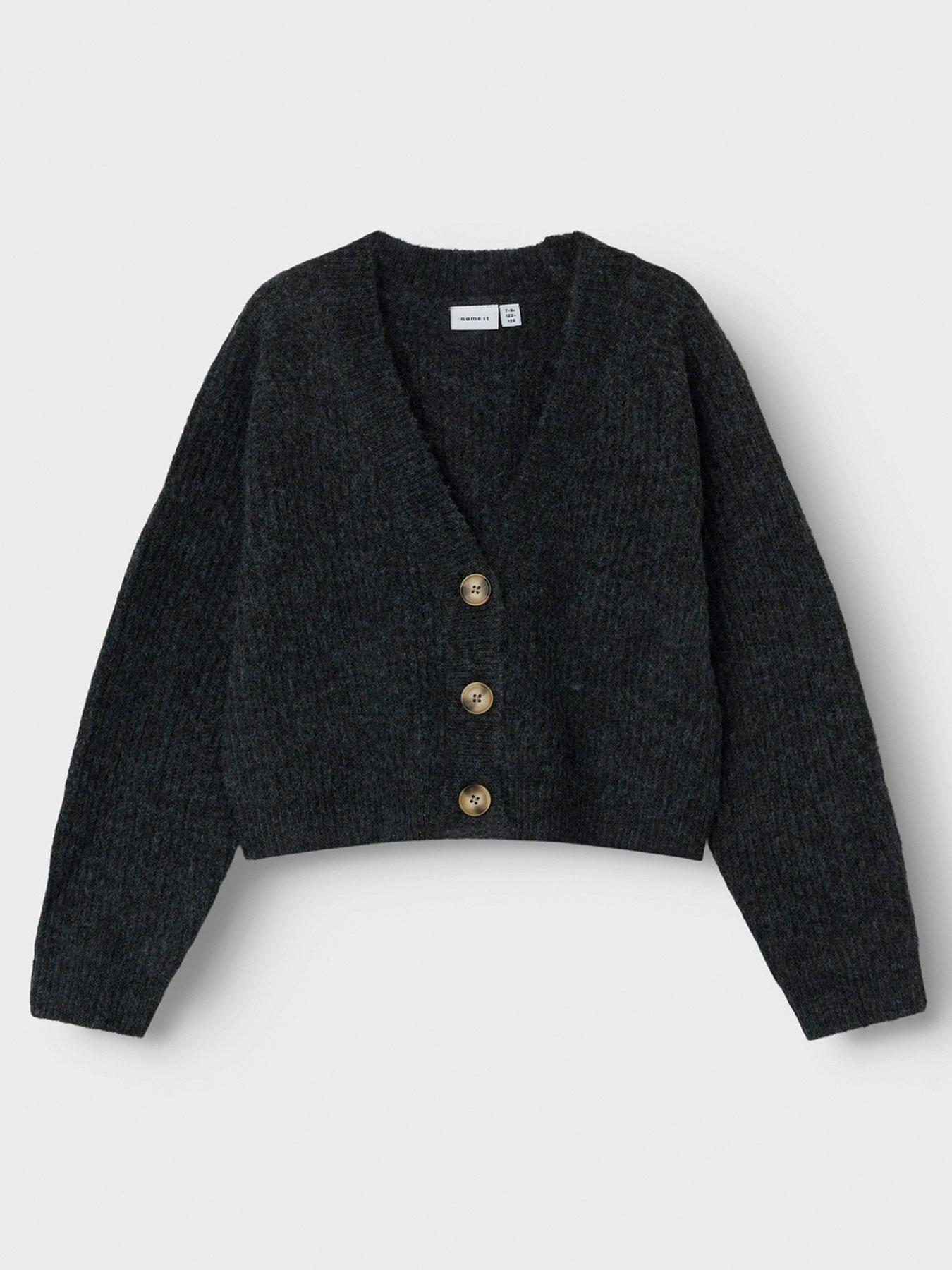 undefined Girls Boxy Knitted Cardigan - Dark Grey Melange