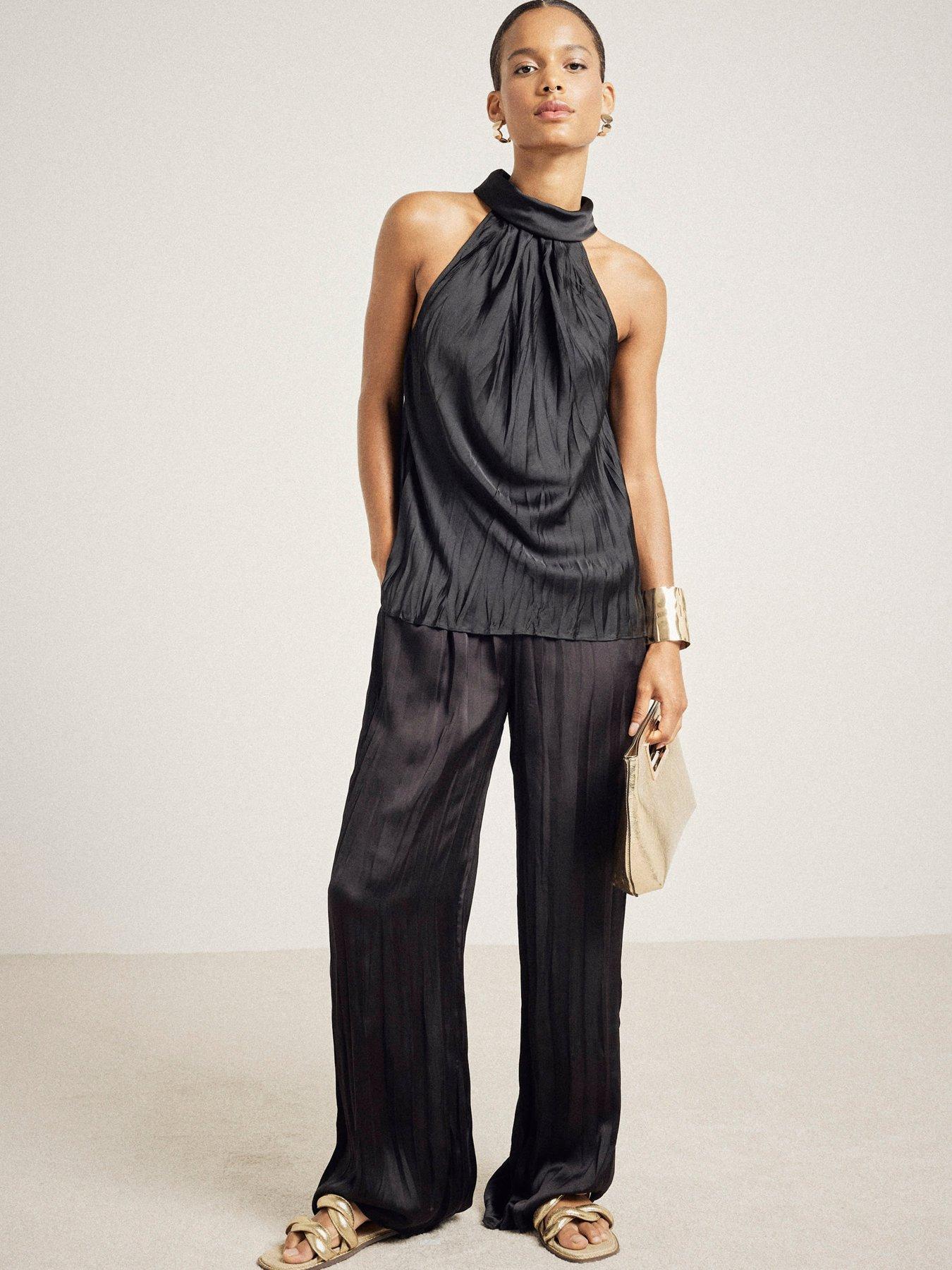 Halter Neck Crinkle Satin Top Black
