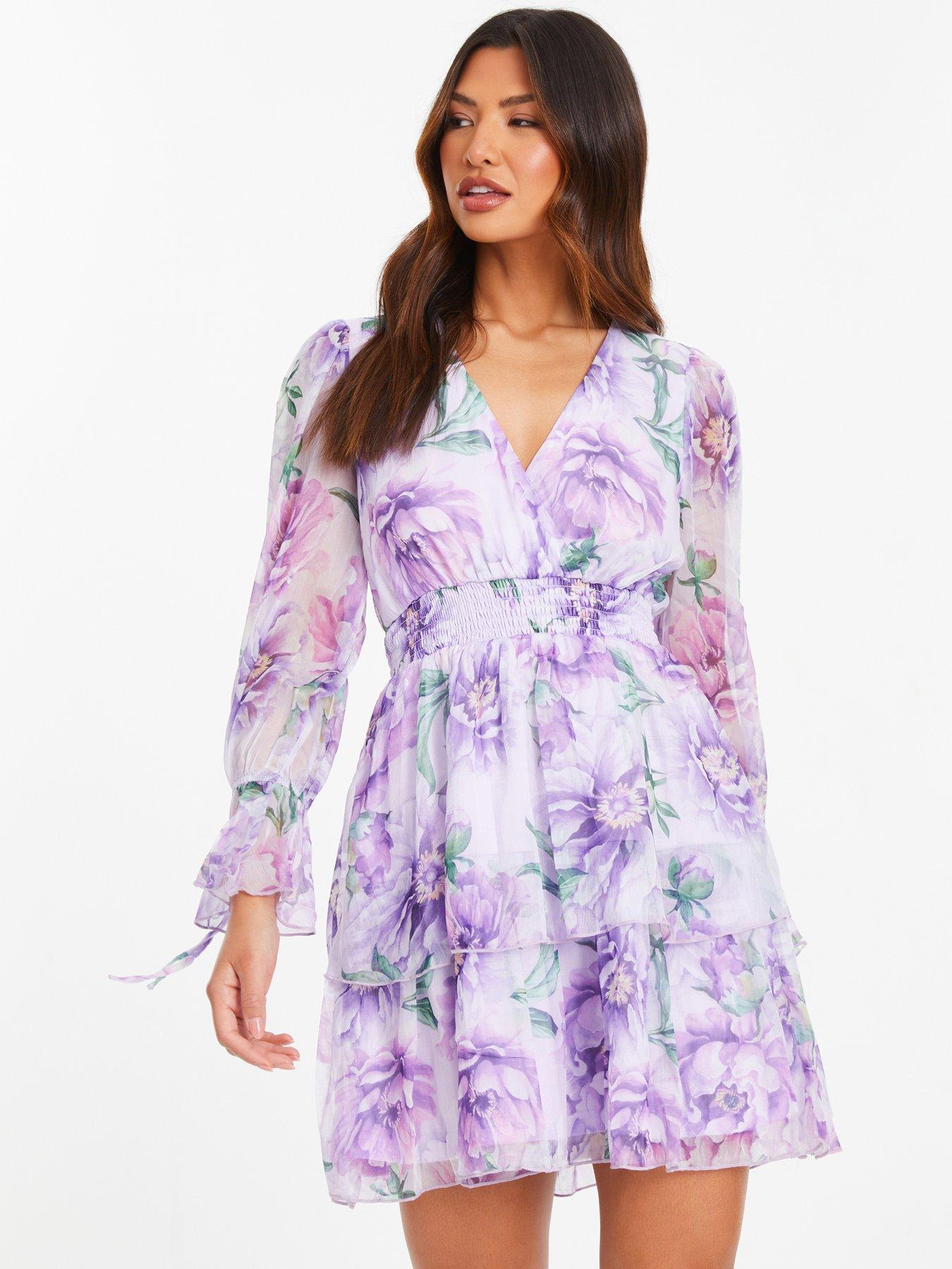 Quiz Lilac Floral Chiffon Tiered Skater Dress Very.co.uk