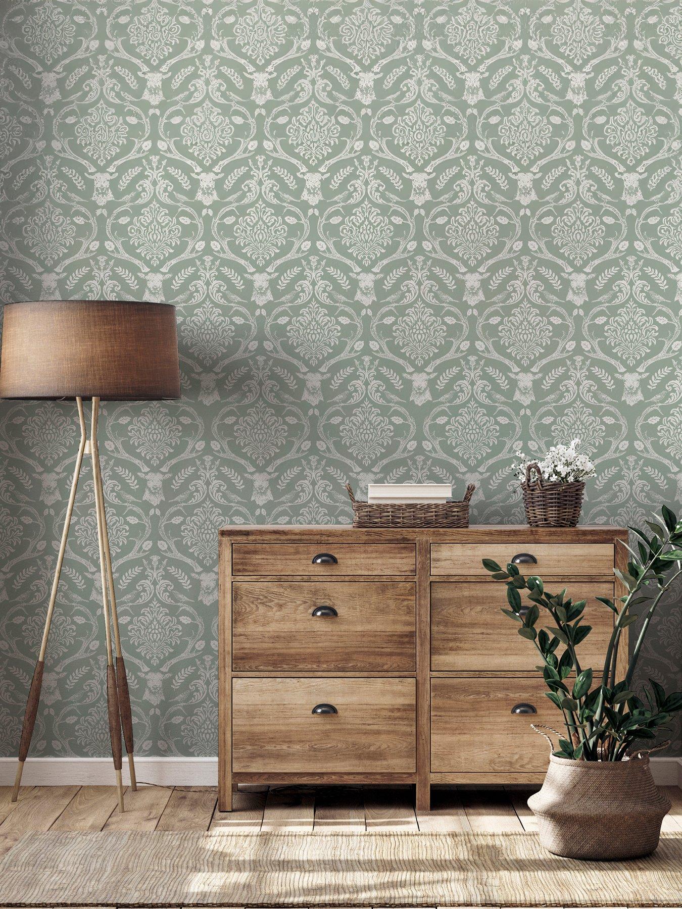 undefined Stag Damask Wallpaper in Sage Green