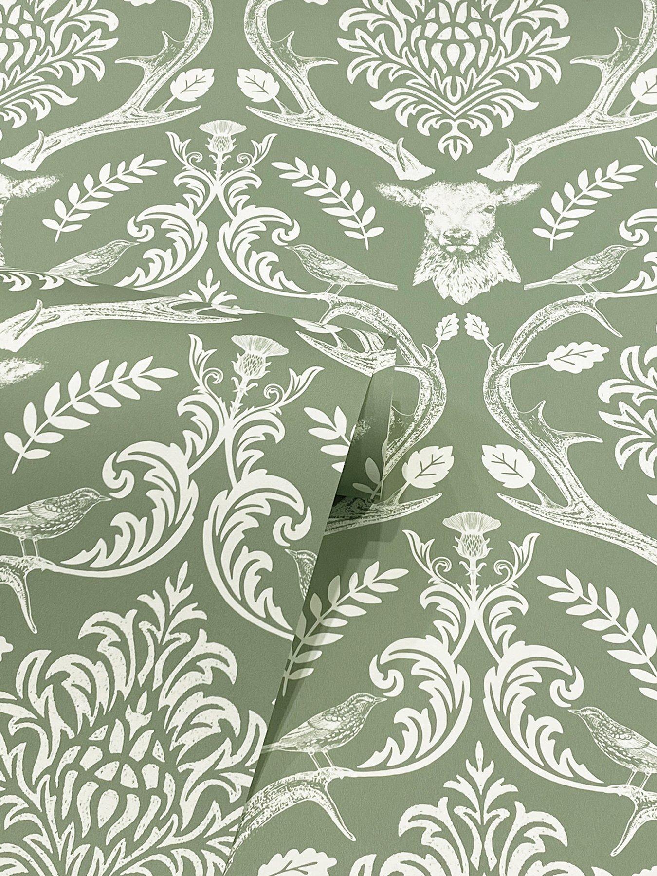 Image 2 of 7 of ARTHOUSE Stag Damask Wallpaper in Sage Green