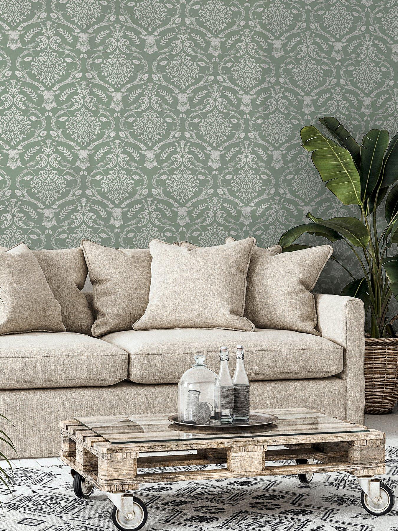 Image 3 of 7 of ARTHOUSE Stag Damask Wallpaper in Sage Green