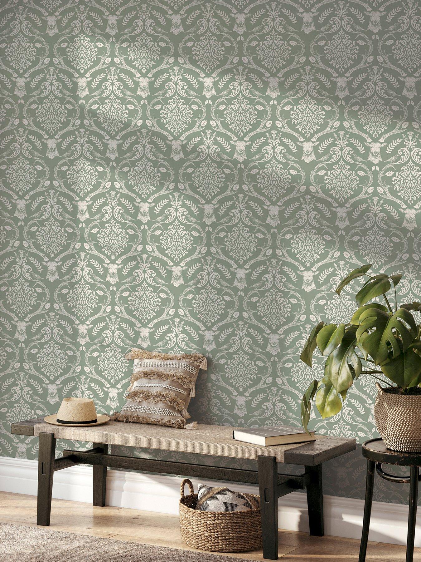 Image 4 of 7 of ARTHOUSE Stag Damask Wallpaper in Sage Green