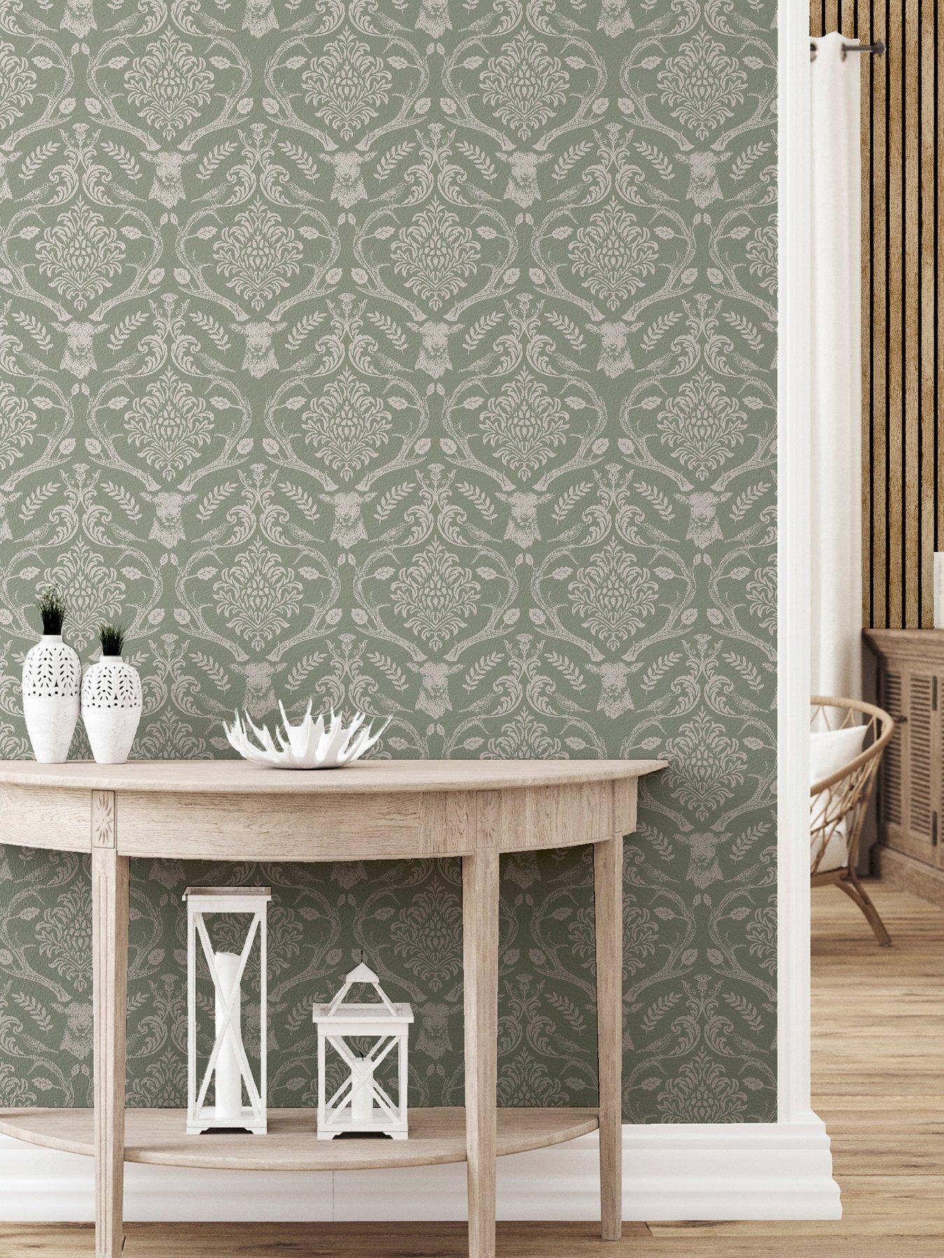 Image 6 of 7 of ARTHOUSE Stag Damask Wallpaper in Sage Green