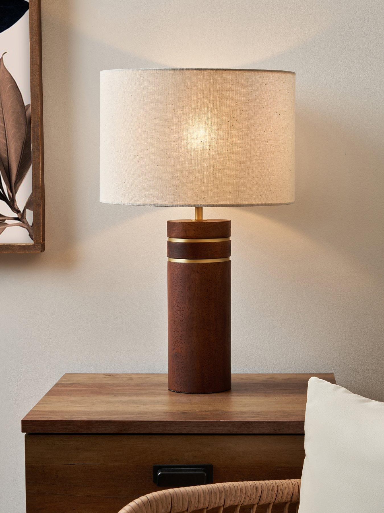 undefined Wooden Table Lamp with Brass Bands