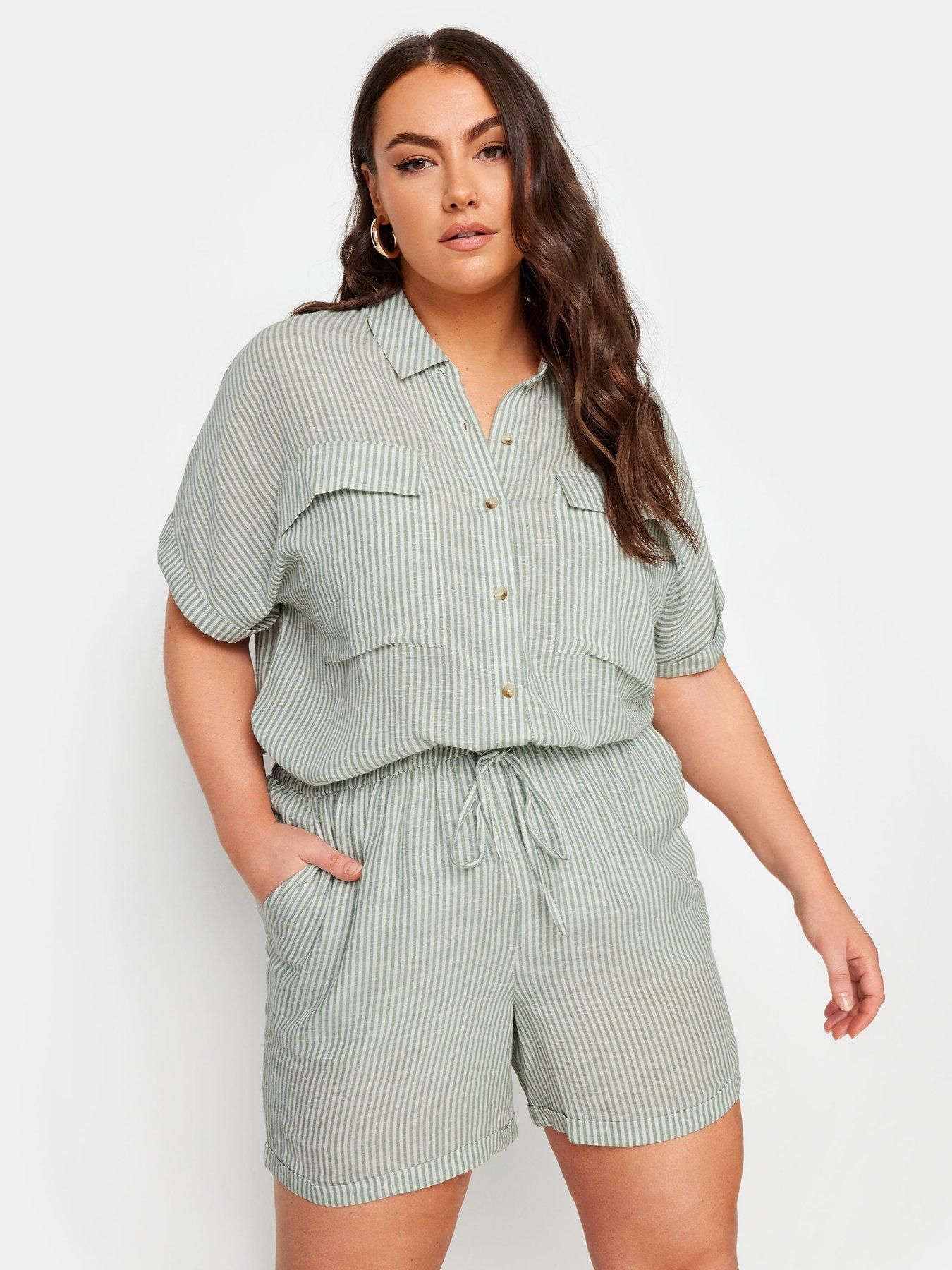 Image 1 of 4 of Yours Linen Stripe Short Co-Ord - Green