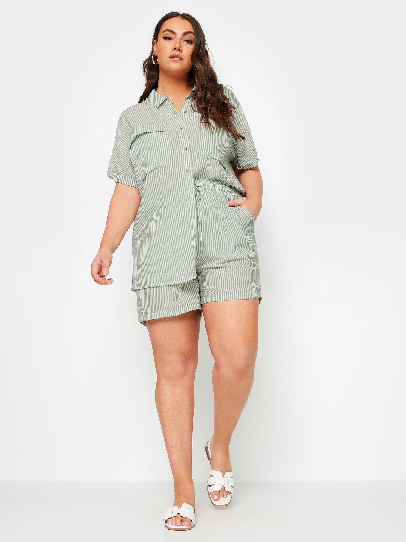 Image 3 of 4 of Yours Linen Stripe Short Co-Ord - Green