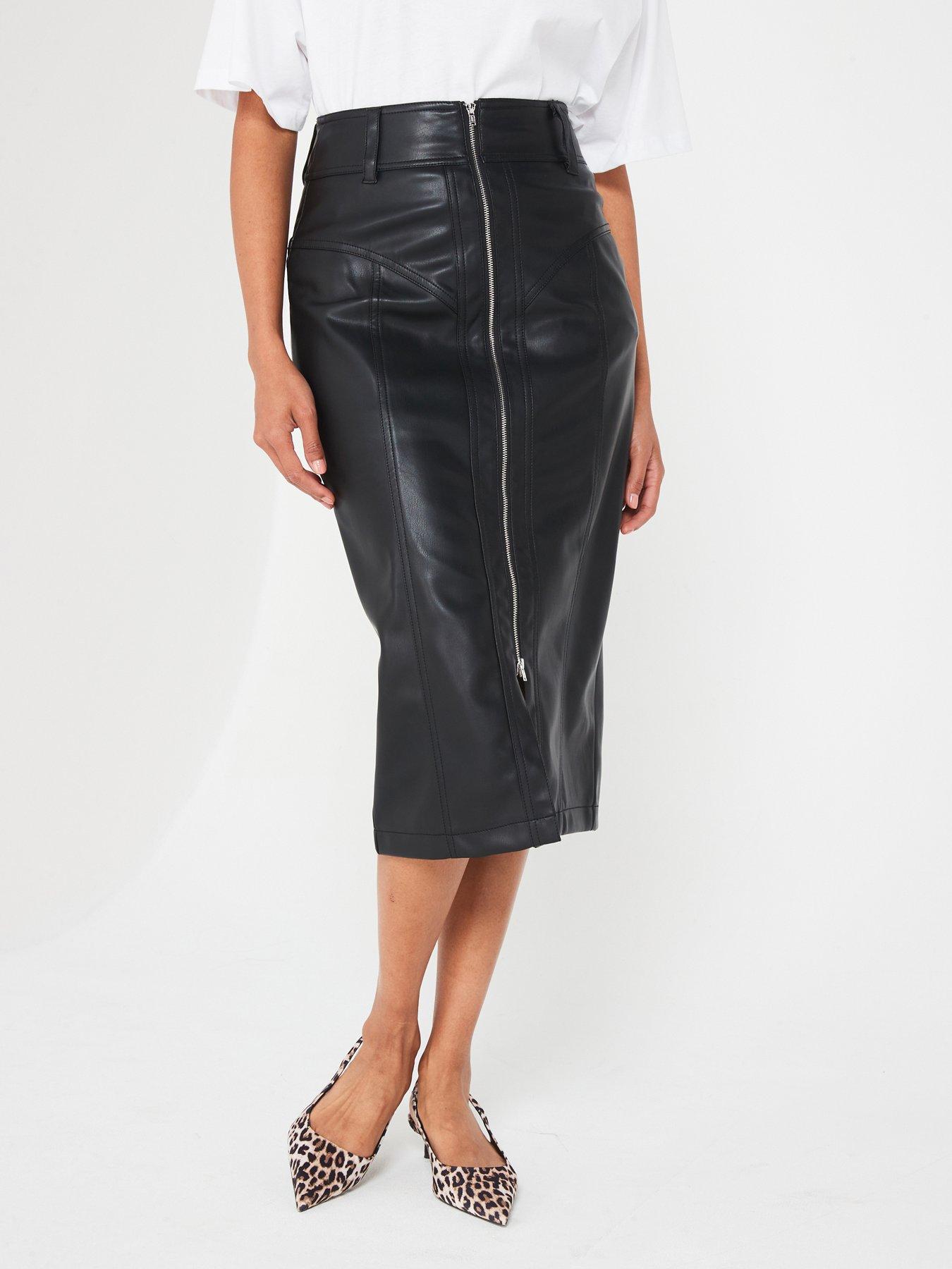 undefined Faux Leather Zip Front Midi Skirt - Black