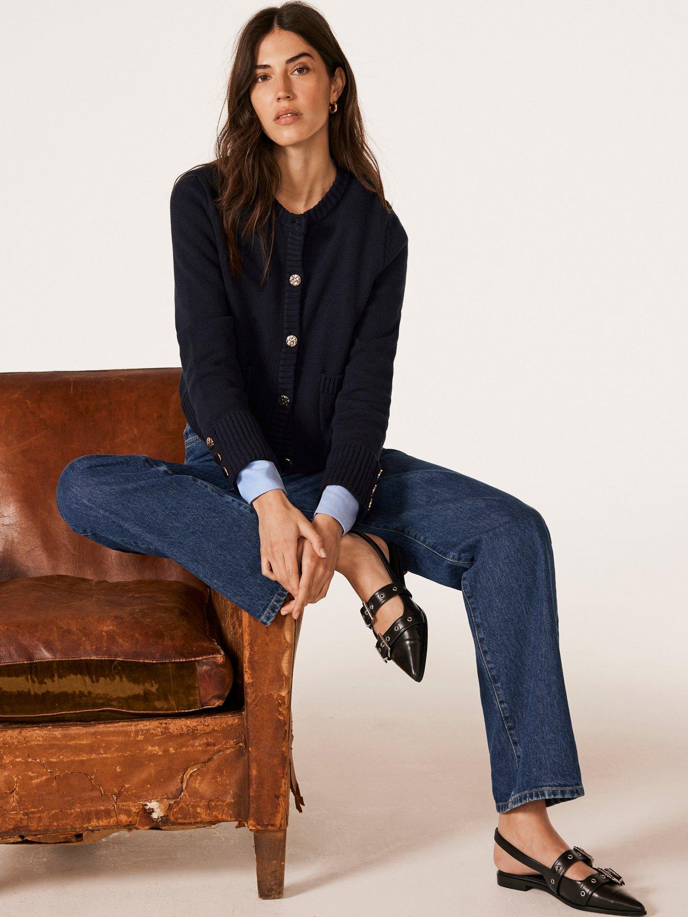 Navy Cotton Crew Neck Cardigan