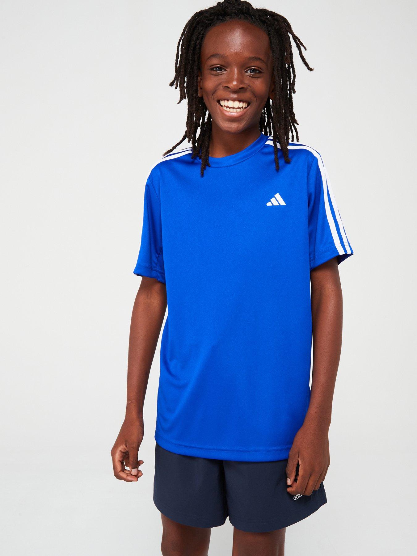 adidas Junior Boys Train Essentials 3 Stripe T Shirt Blue Very