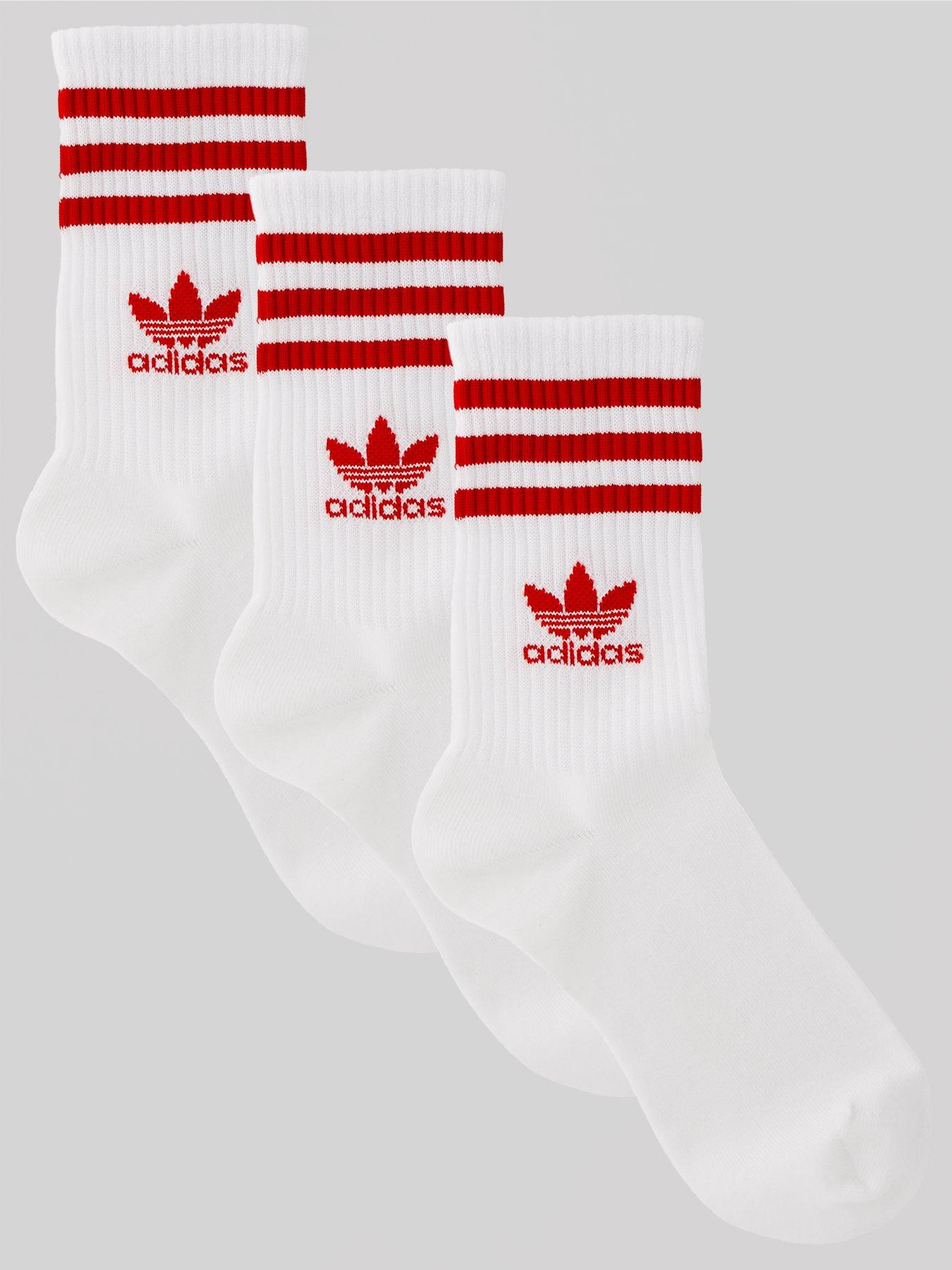 adidas Originals Unisex 3 Stripe Crew Sock - 3 Pack - White/red