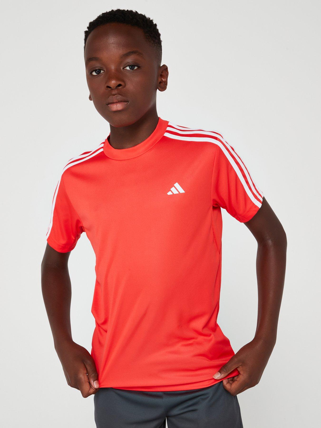 adidas Junior Boys Train Essentials 3 Stripe T Shirt Red Very