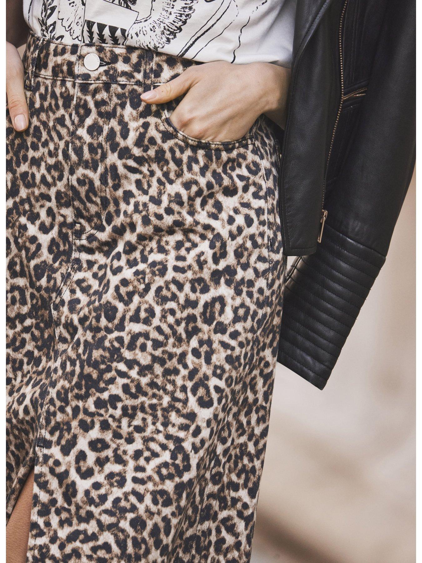 Leopard Print Denim Midi Skirt
