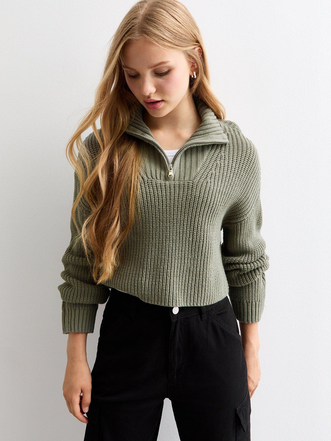 undefined Girls Half Zip Knit Jumper - Olive