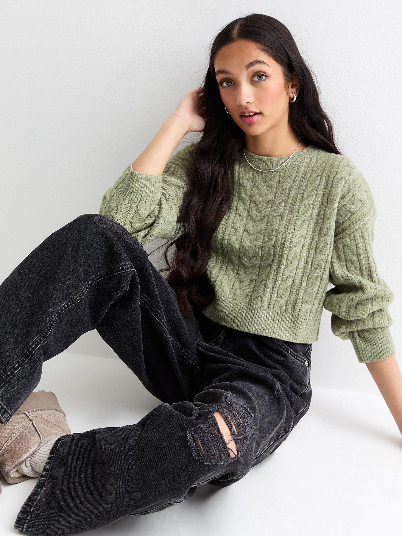 undefined Girls Olive Cable Knit Crop Jumper - Khaki