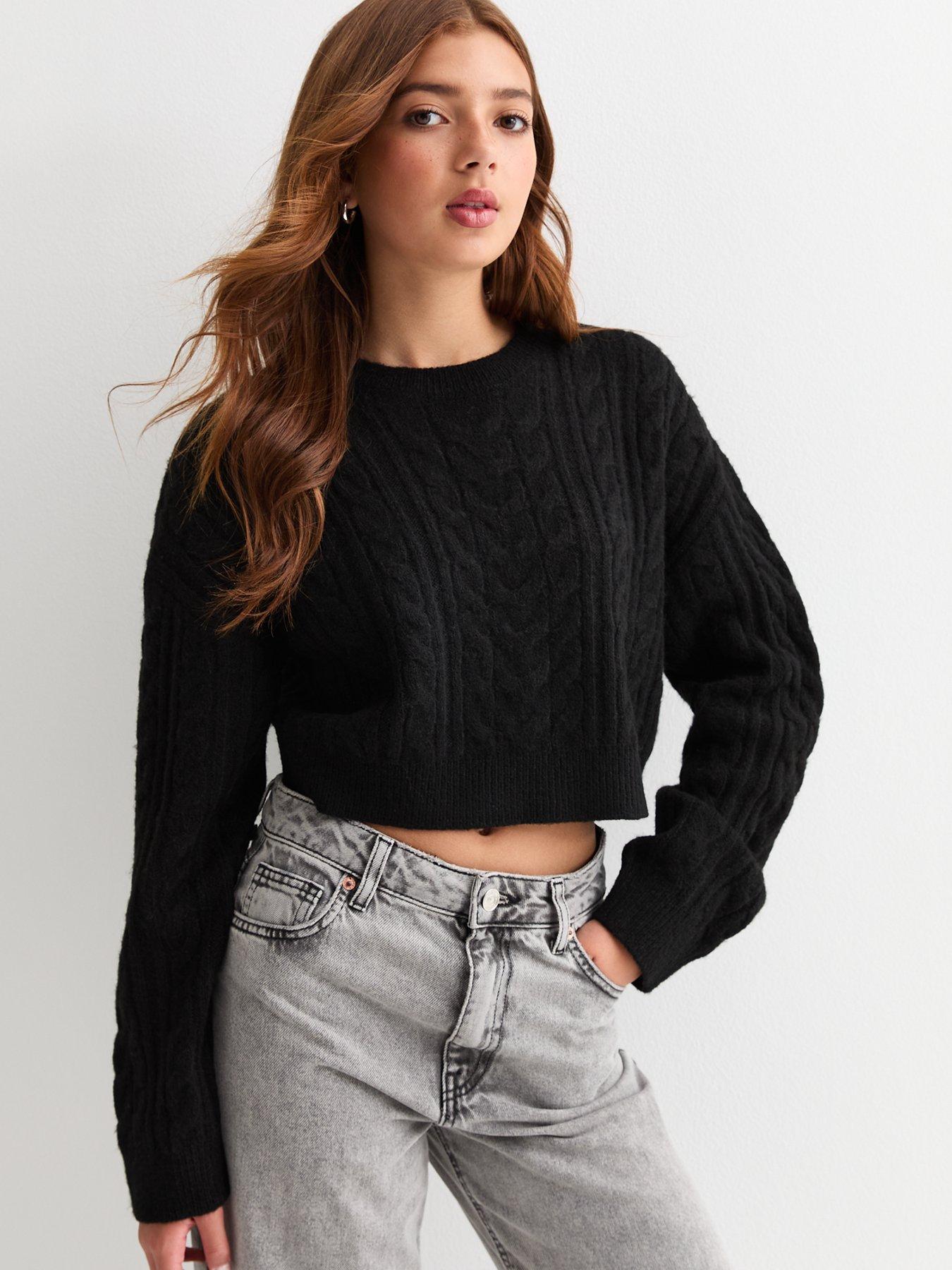 Girls Black Cable Knit Crop Jumper