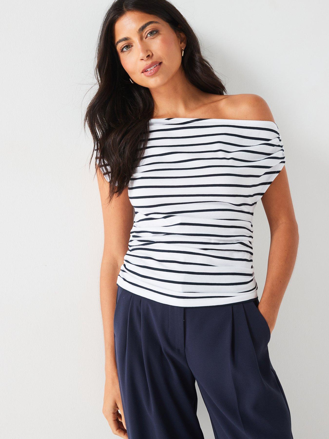 Stripe Off The Shoulder Jersey Top Print