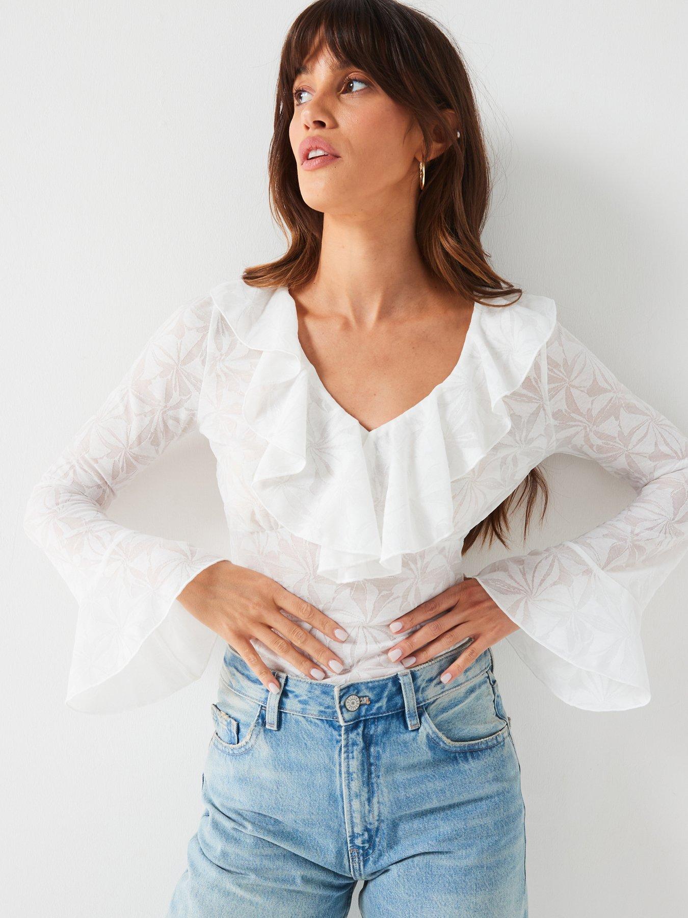 Jersey Jacquard Ruffle Top Cream