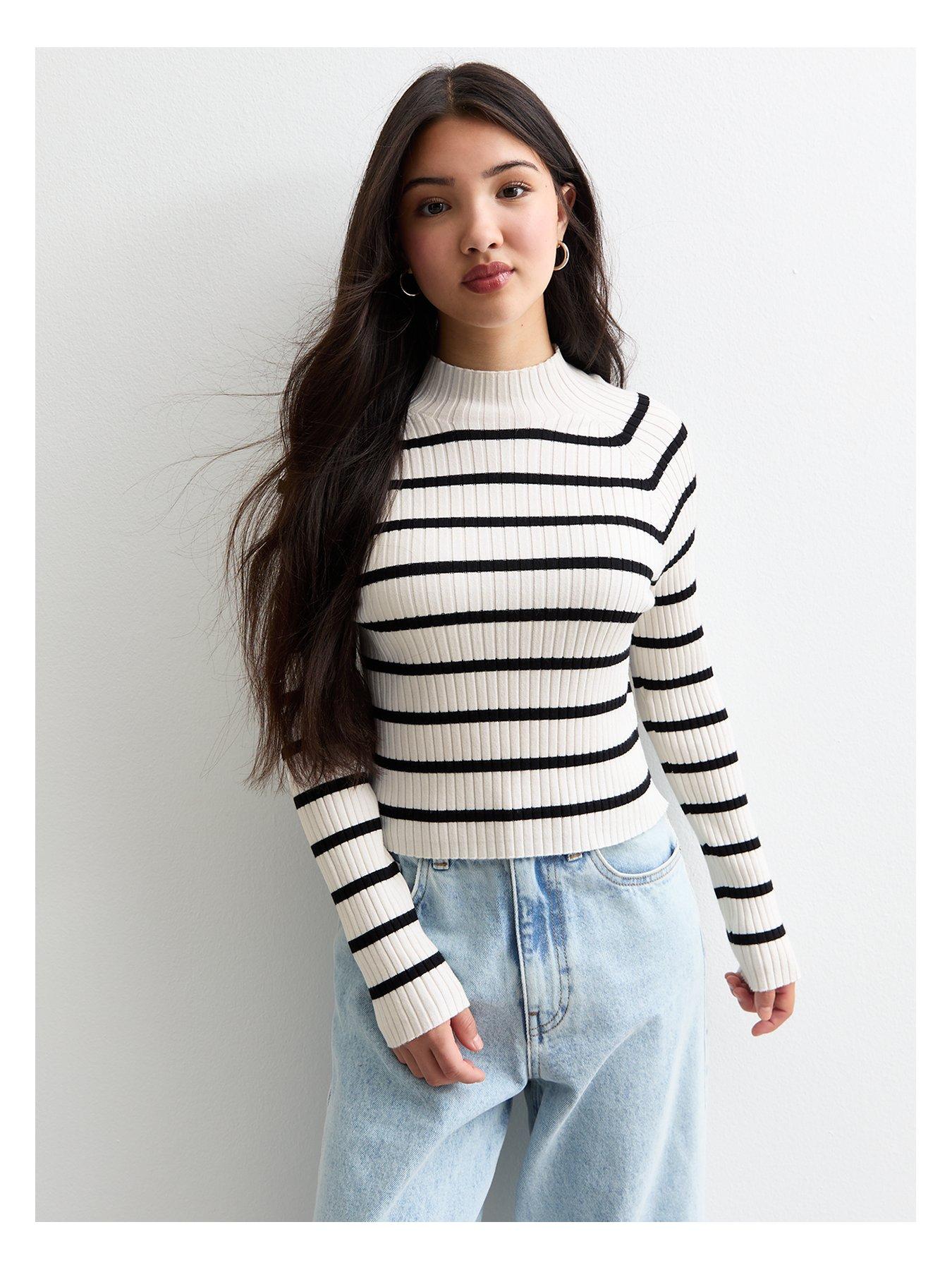 undefined Girls Ribbed Striped Jumper - White