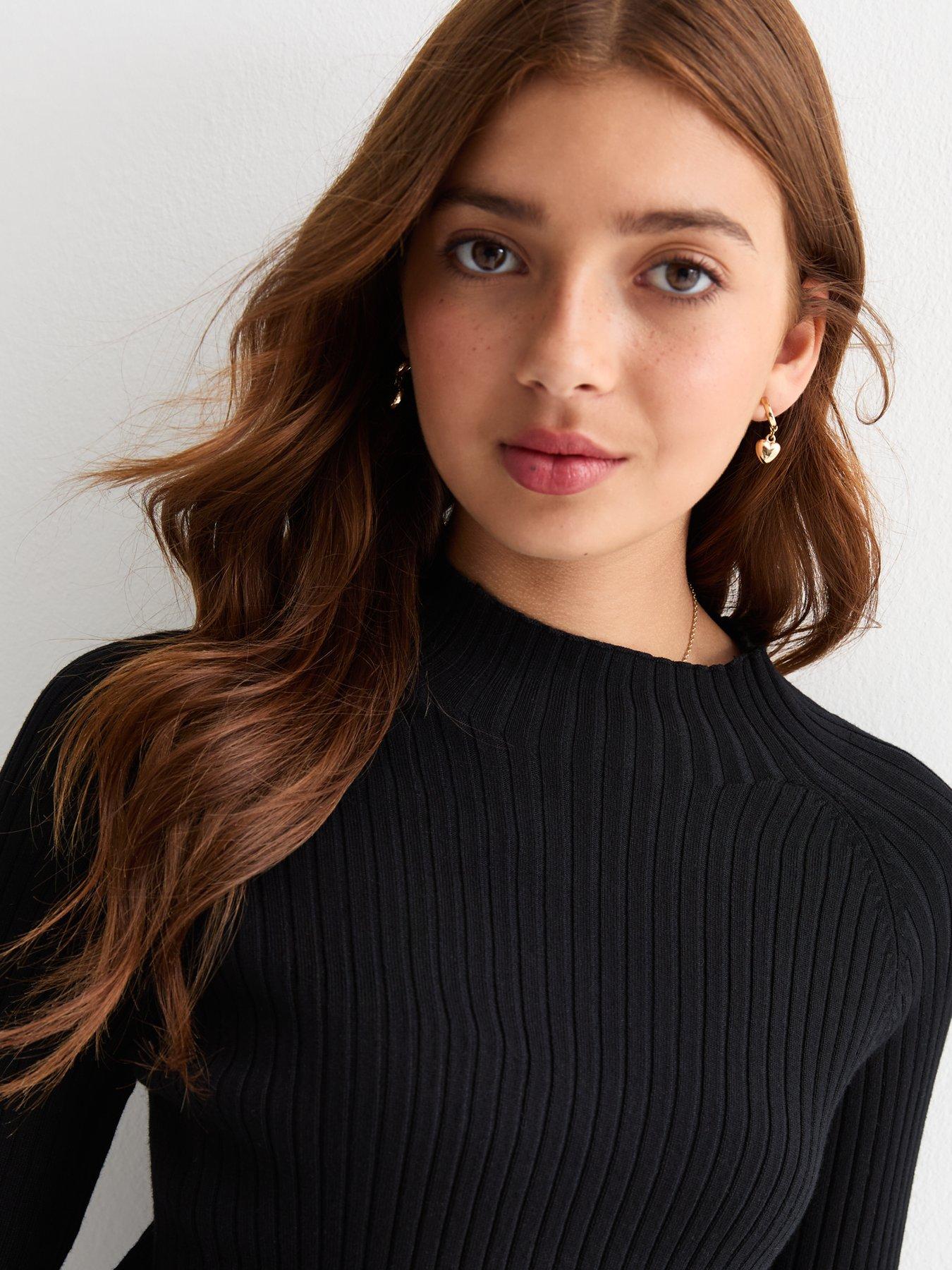 Girls Black Slash Neck Ribbed Jumper