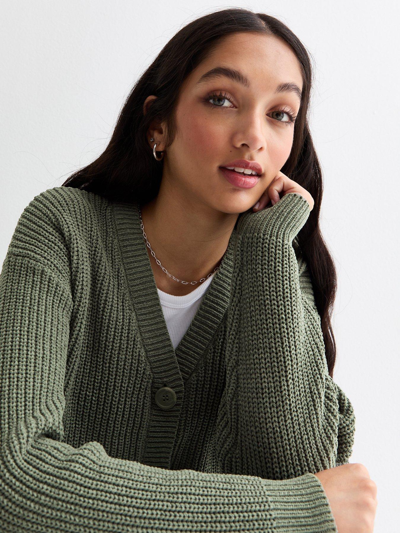 Girls Olive Chenille Knit Button Up Cardigan