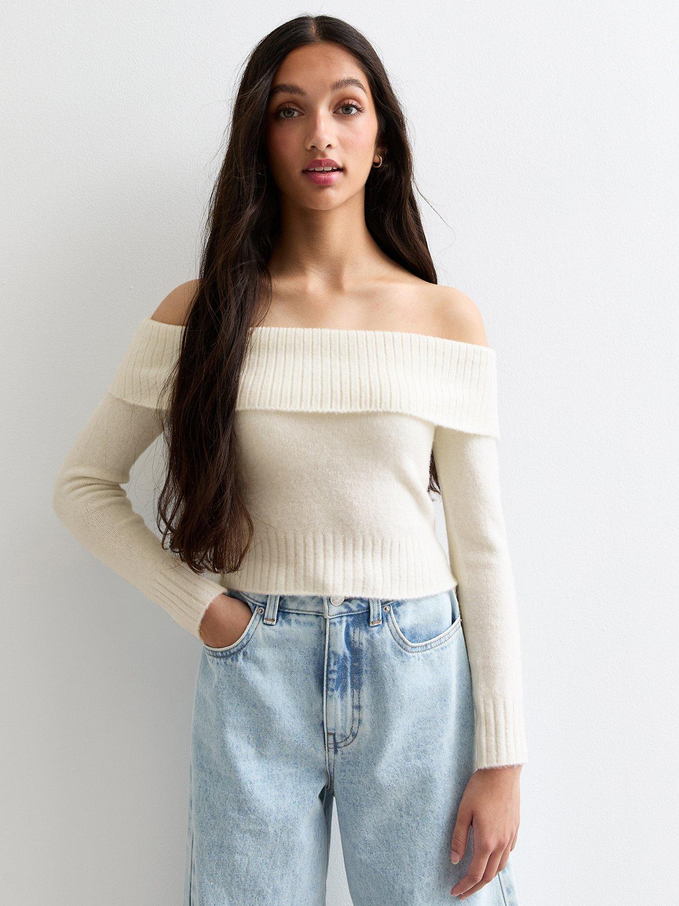 Girls Off White Bardot Knit Jumper