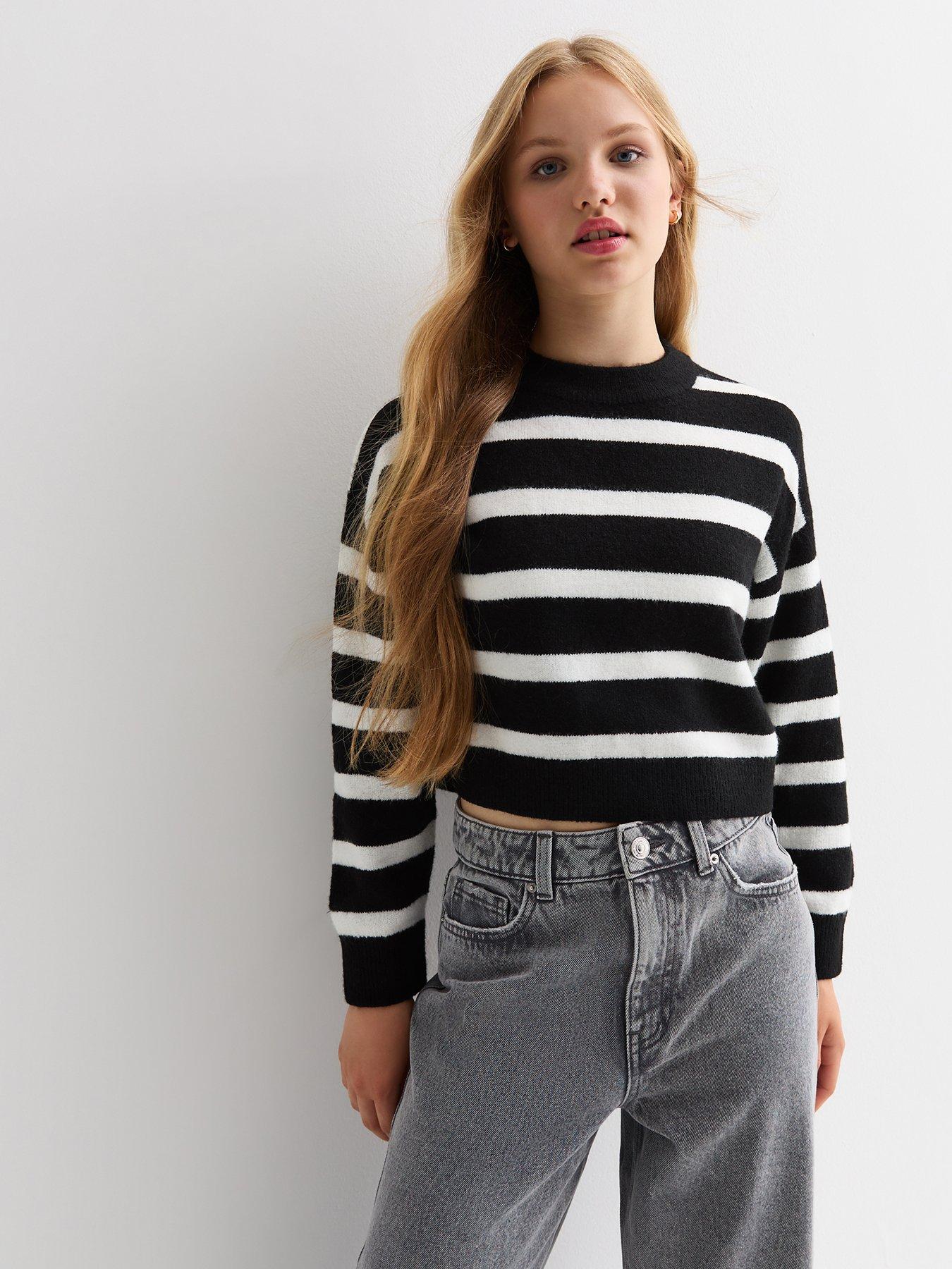 Girls White Stripe Crop Jumper