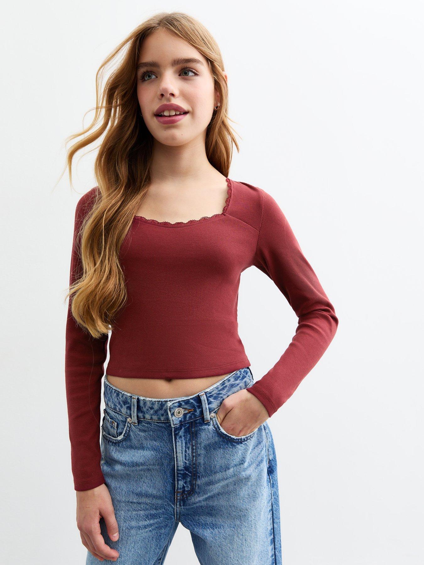 undefined Girls Burgundy Scoop Neck Ribbed Jersey Top - Red