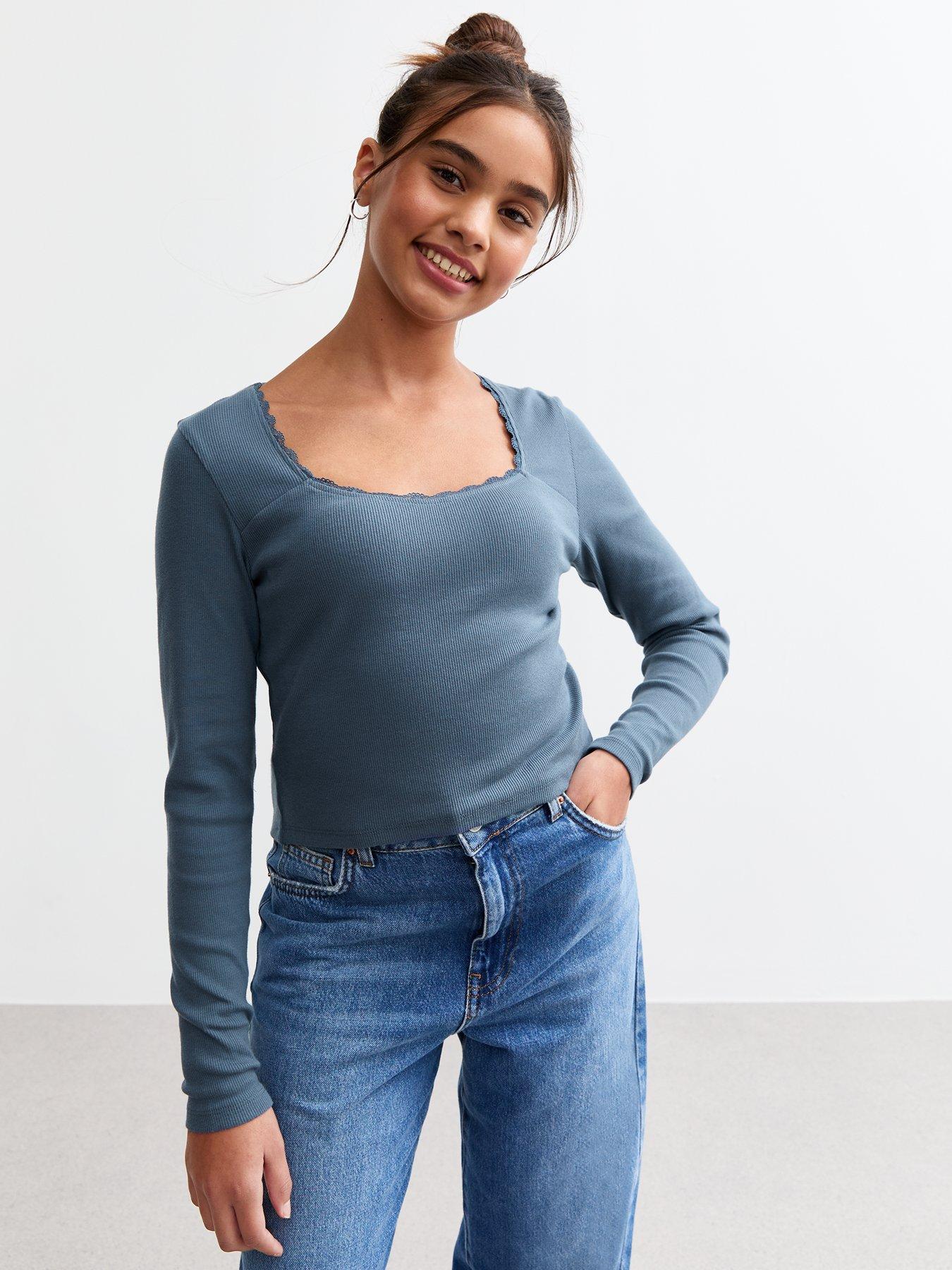 Image 1 of 4 of New Look 915 Girls Scoop Neck Ribbed Jersey Top - Blue