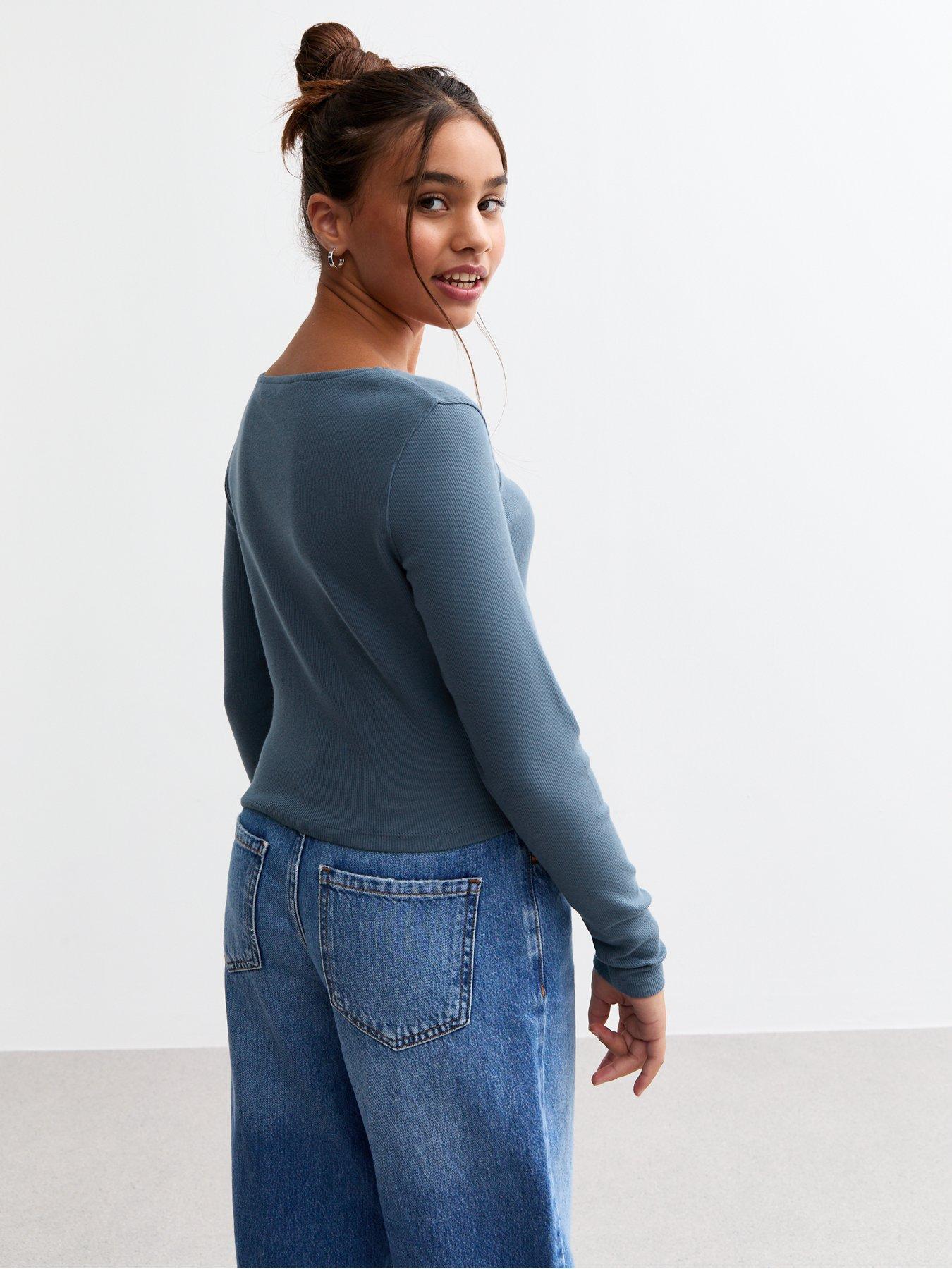 Image 2 of 4 of New Look 915 Girls Scoop Neck Ribbed Jersey Top - Blue