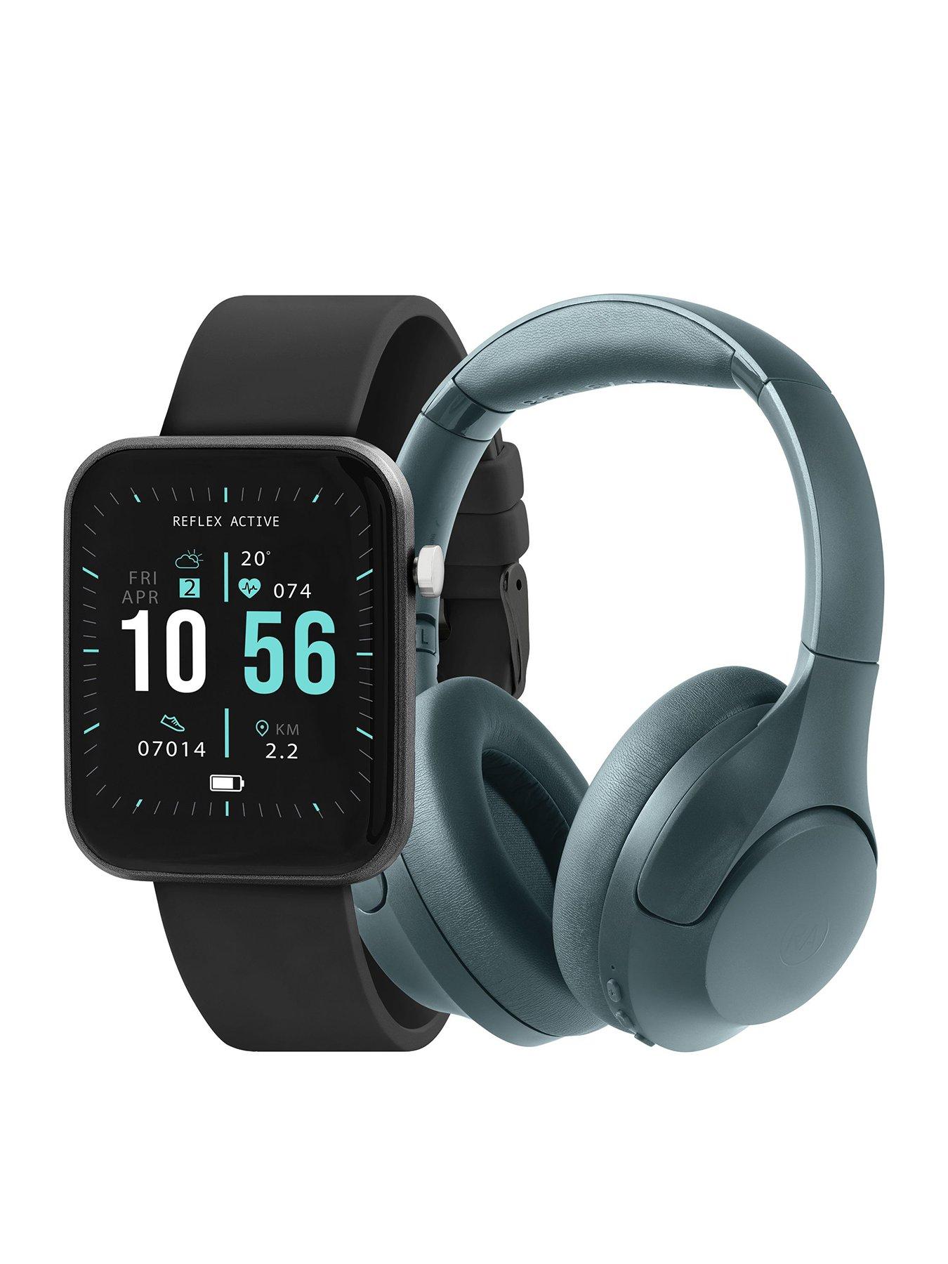 Product photograph of Reflex Active Series 13 Black Strap Smart Watch And Ref-studio-pro-tea Wireless Noise Cancelling Over Hear Studio Headphones - With Travel Case Bundle from very.co.uk