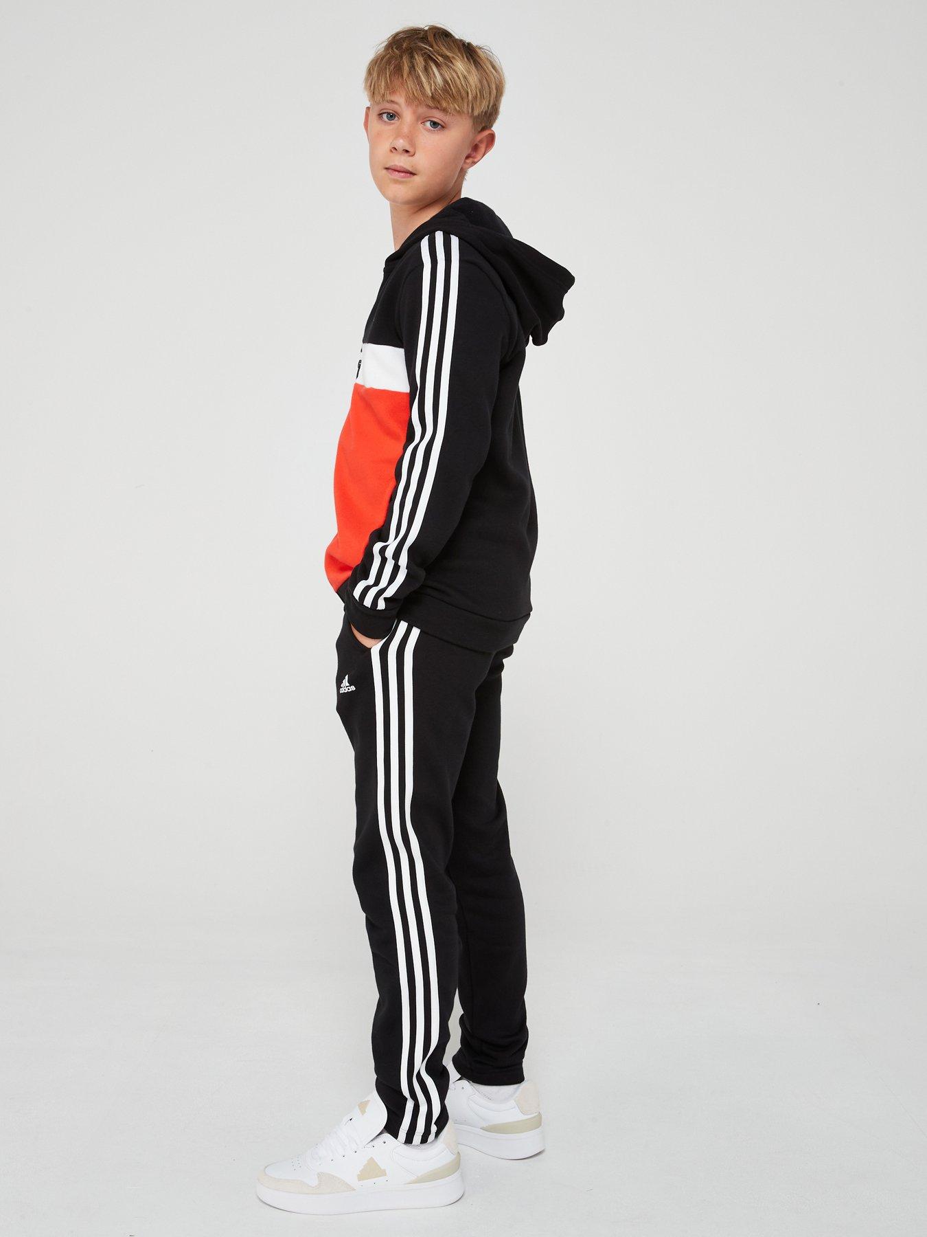 Adidas black stripe tracksuit on sale