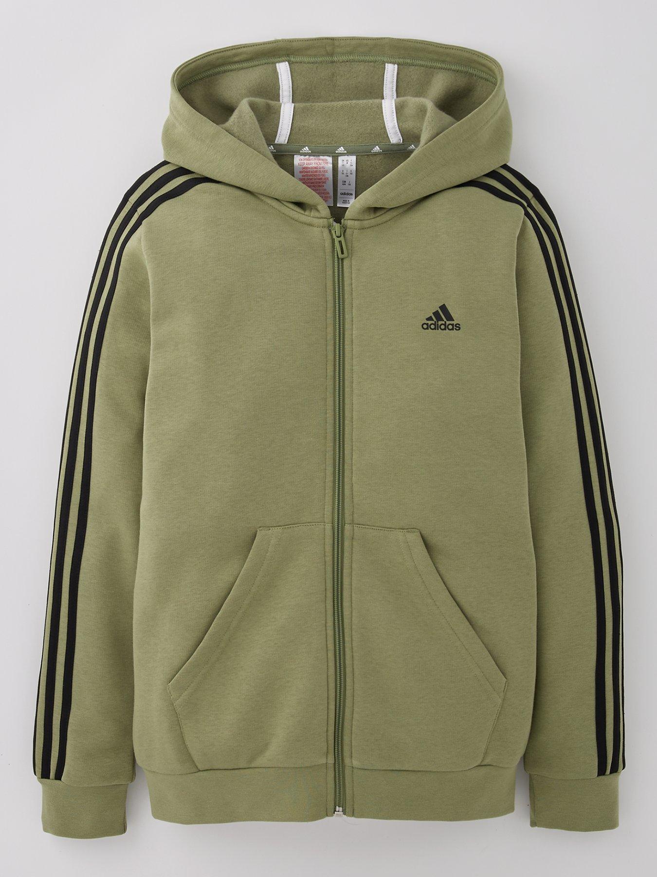 Junior Boys Essentials 3 Stripe Full Zip Hoodie Green